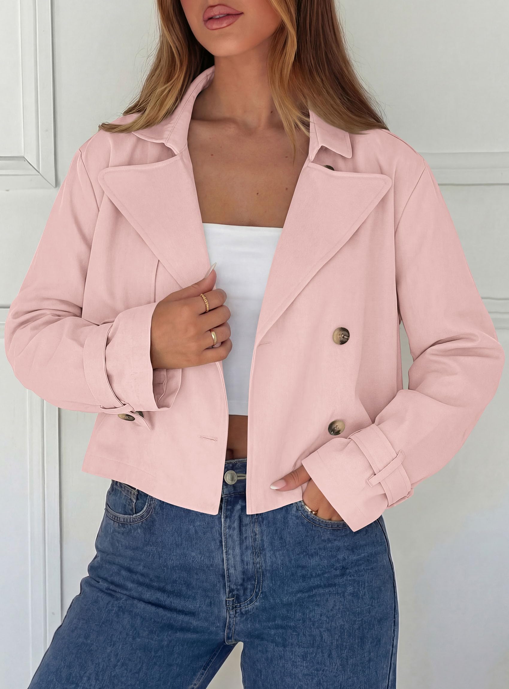 Cropped Trench Coat For Women Short Jacket,Pink,S