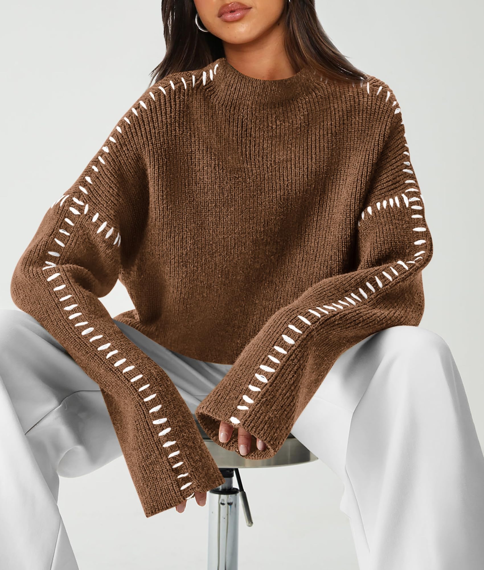 Womens Chunky Knit Oversized Pullover Sweaters,Khaki,S