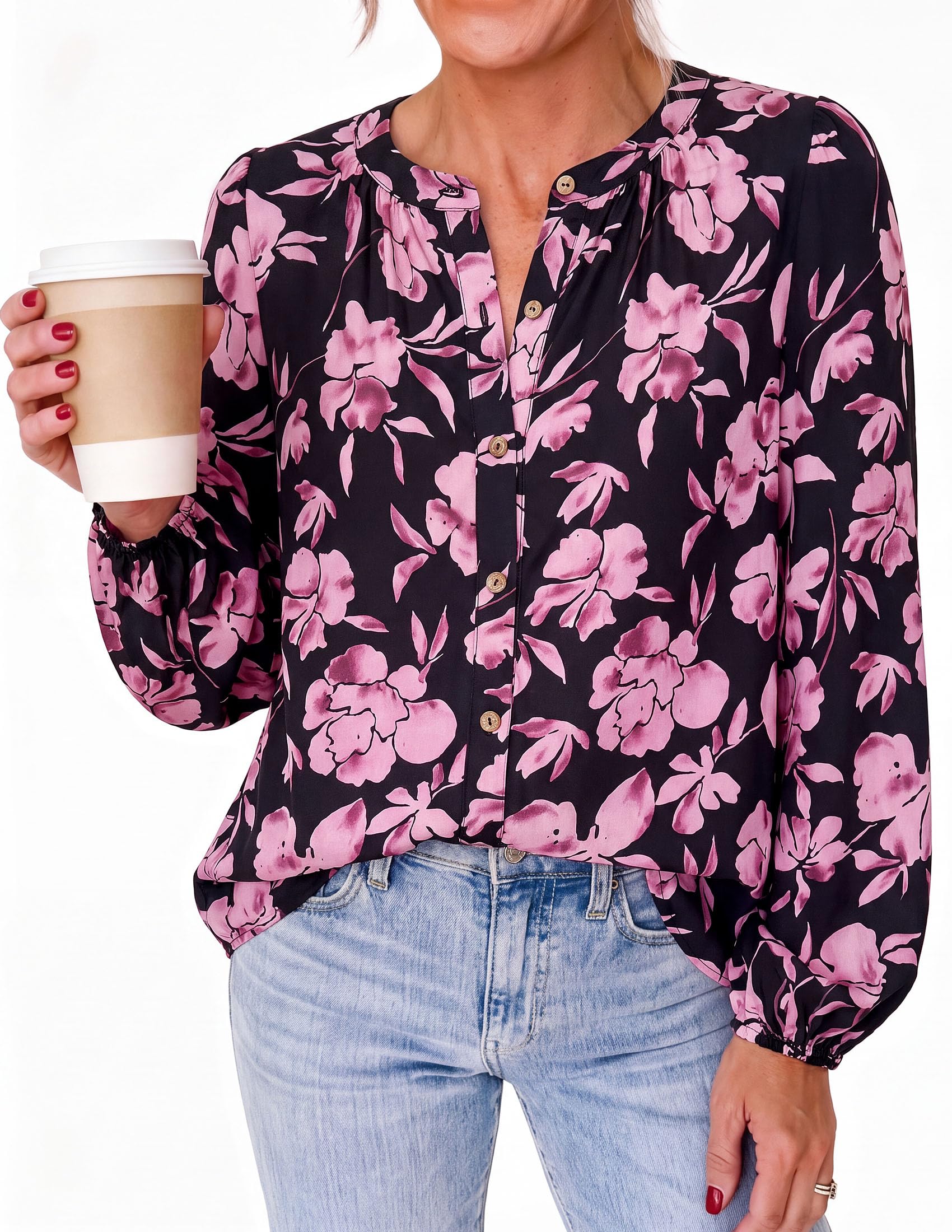 Women's Boho Tops Fall Long Sleeve Button Down Floral Blouses