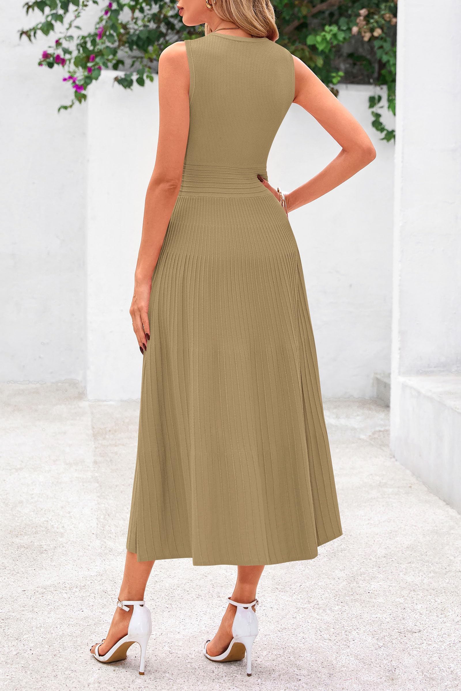 Women's Summer Pleated Midi Work Dress,Camel,S