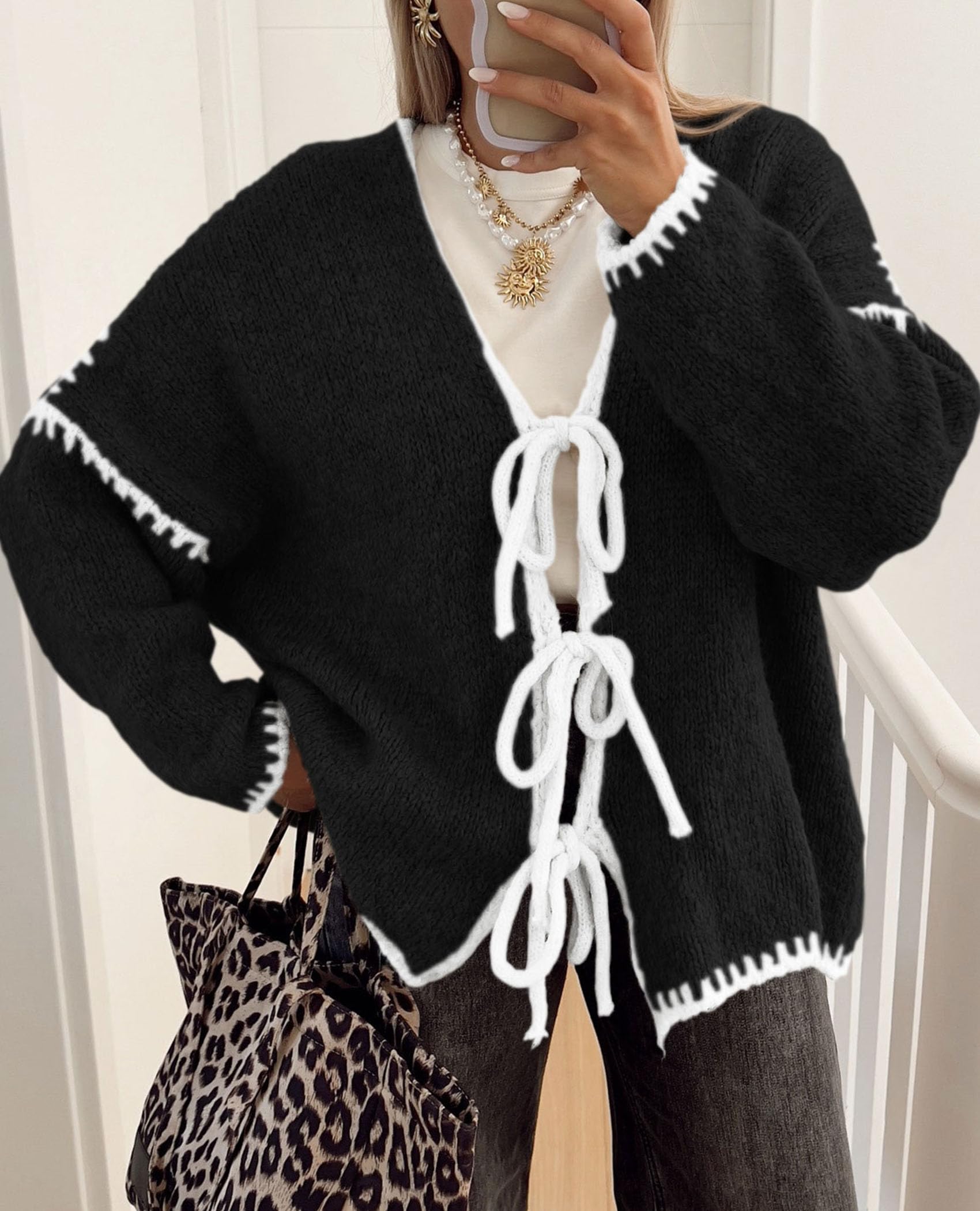 Women's Tie Front Bow Cardigan Sweaters(Black White,Small)
