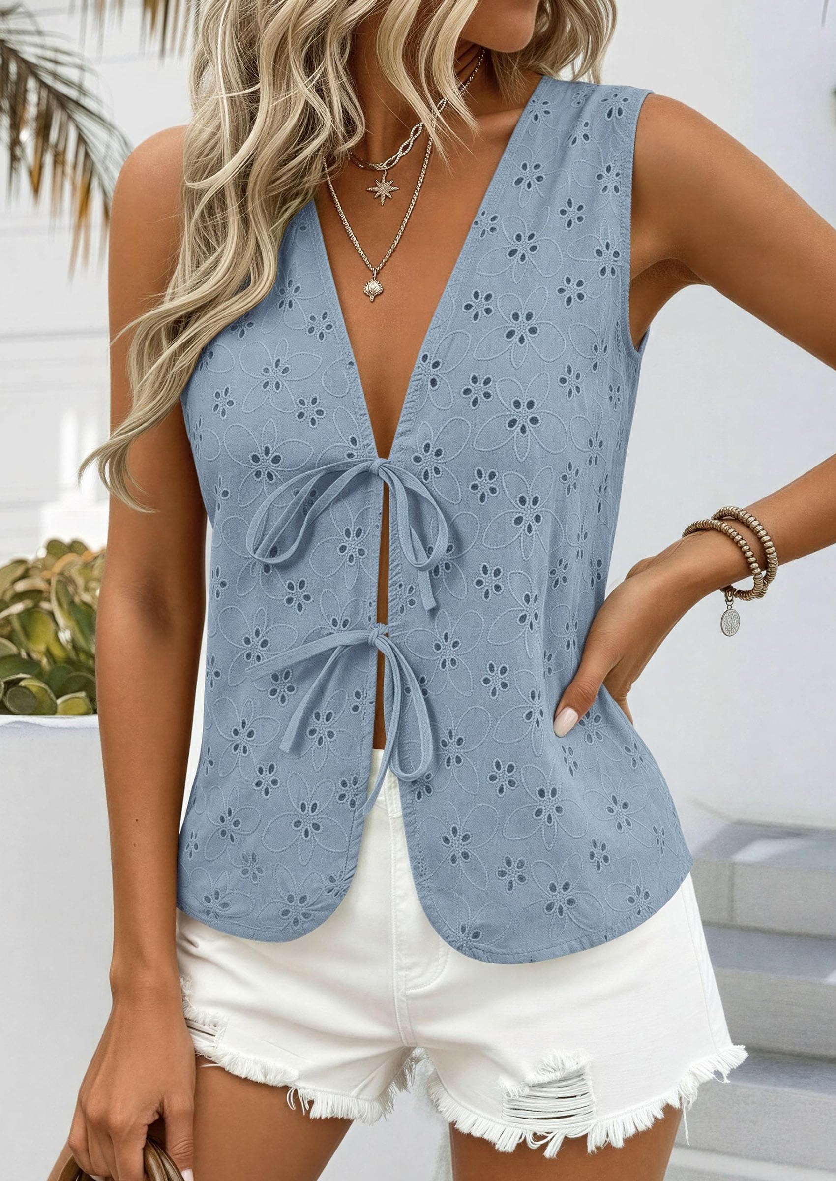 Women's Summer Eyelet Lace Tie Front Vest Tops (Dusty Blue,S)