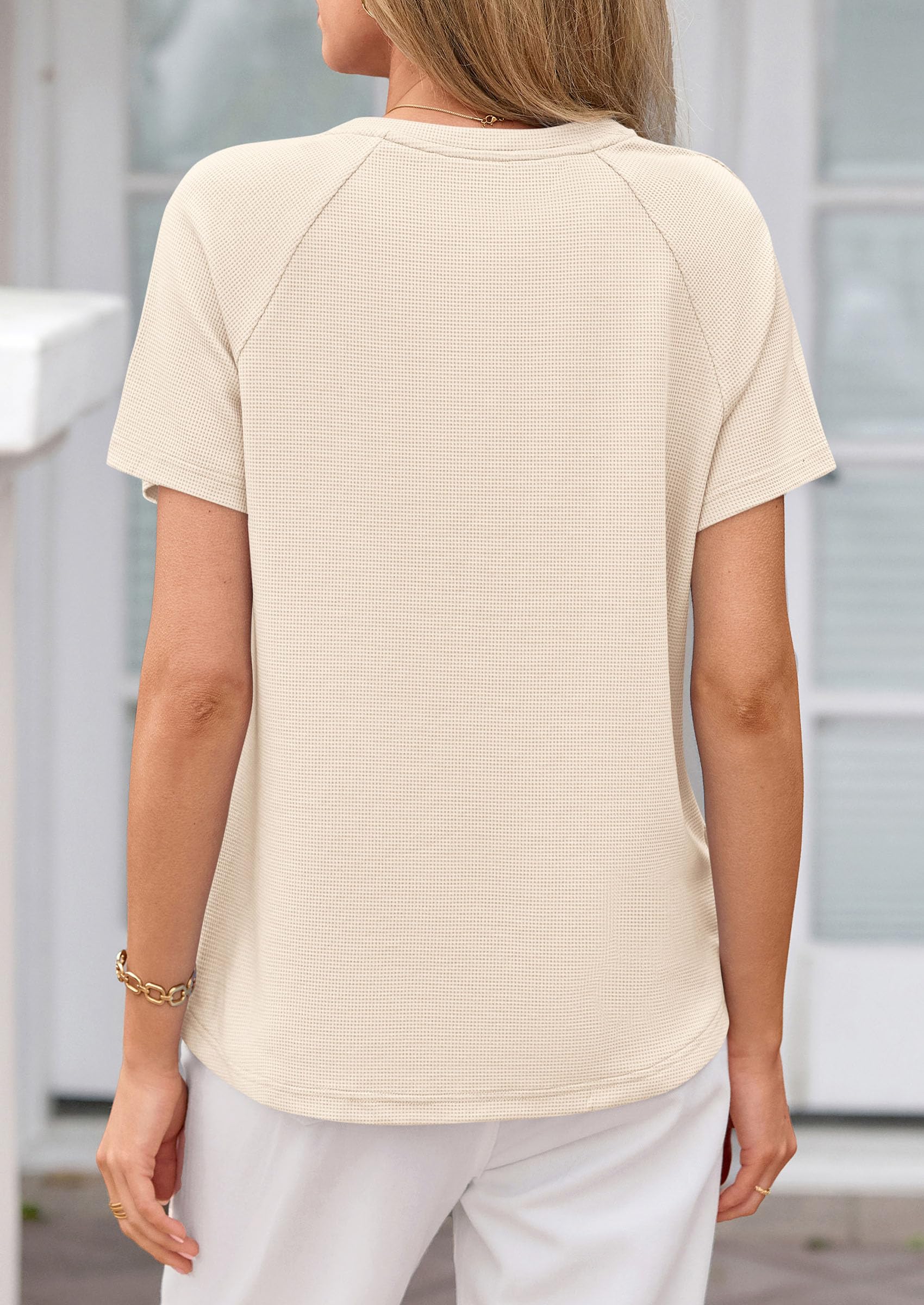 Women's Short Sleeve Waffle Knit Henley Shirts, Beige,L