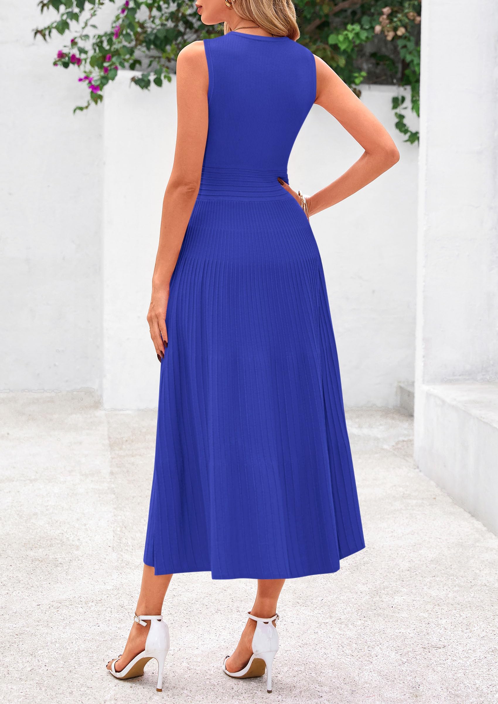 Women's Summer Pleated Midi Work Dress,Brilliant Blue,S