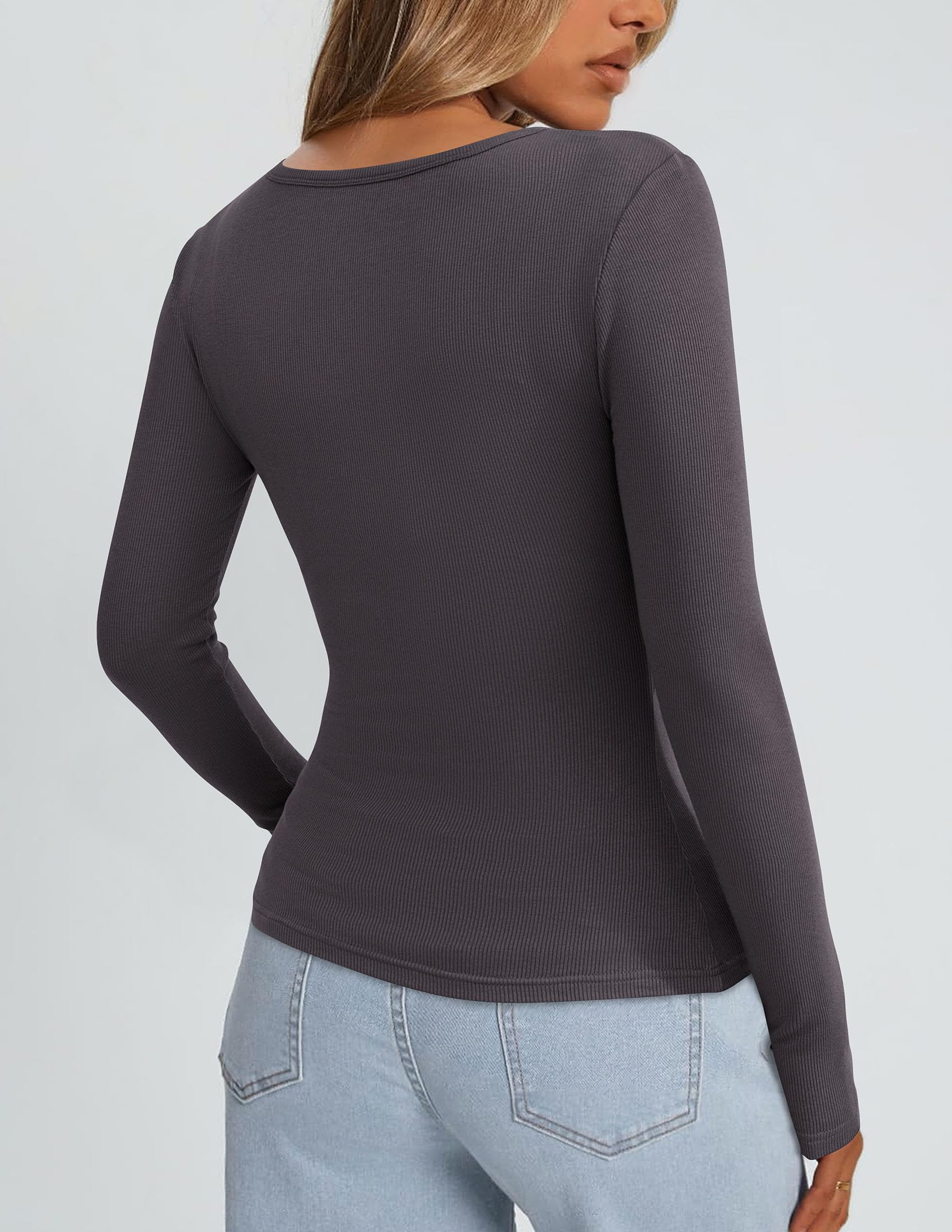 Square Neck Long Sleeve Shirts for Women Dark Grey,XS