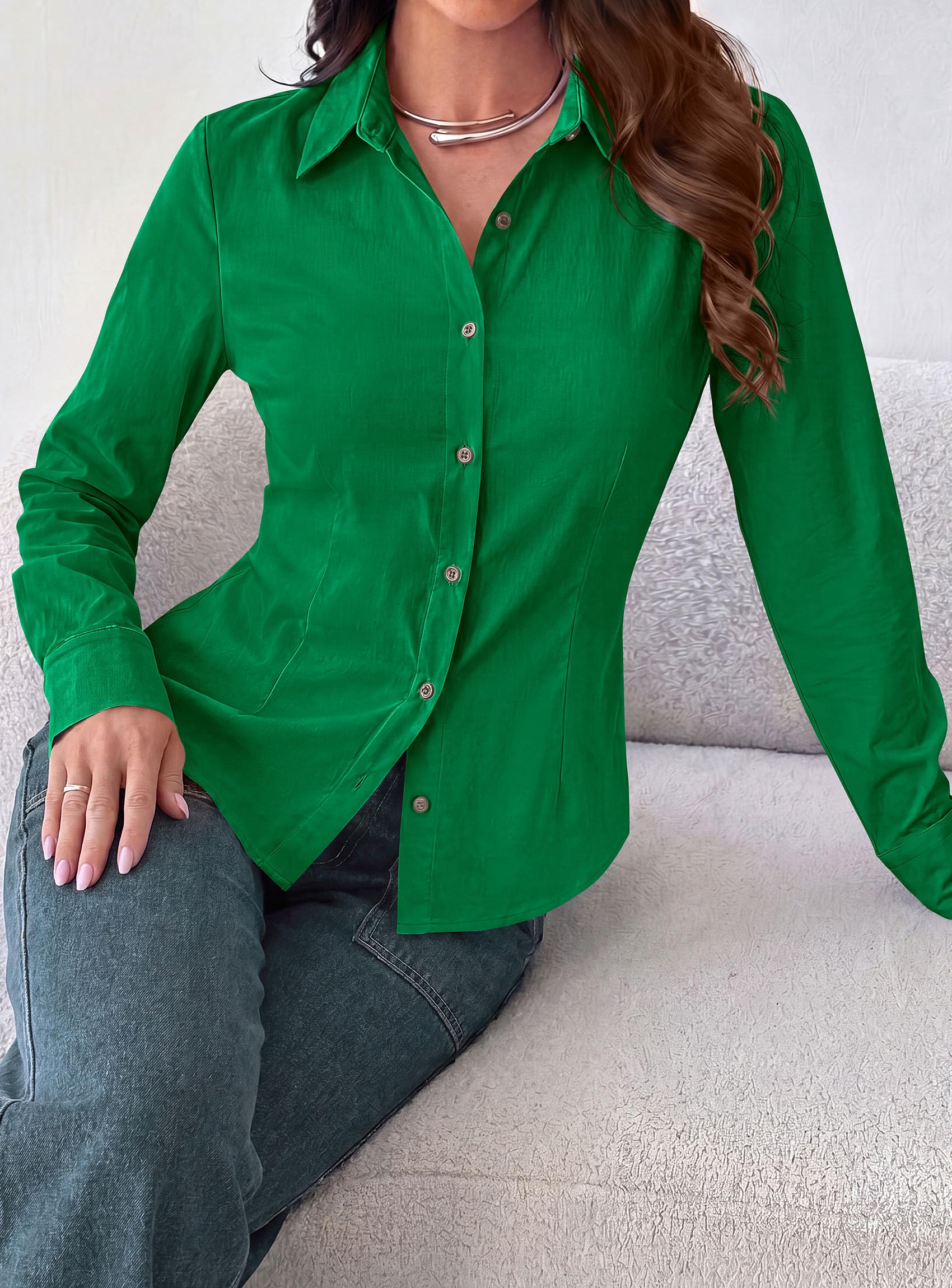 Womens Button Down Shirts Long Sleeve Blouse (Green,S)