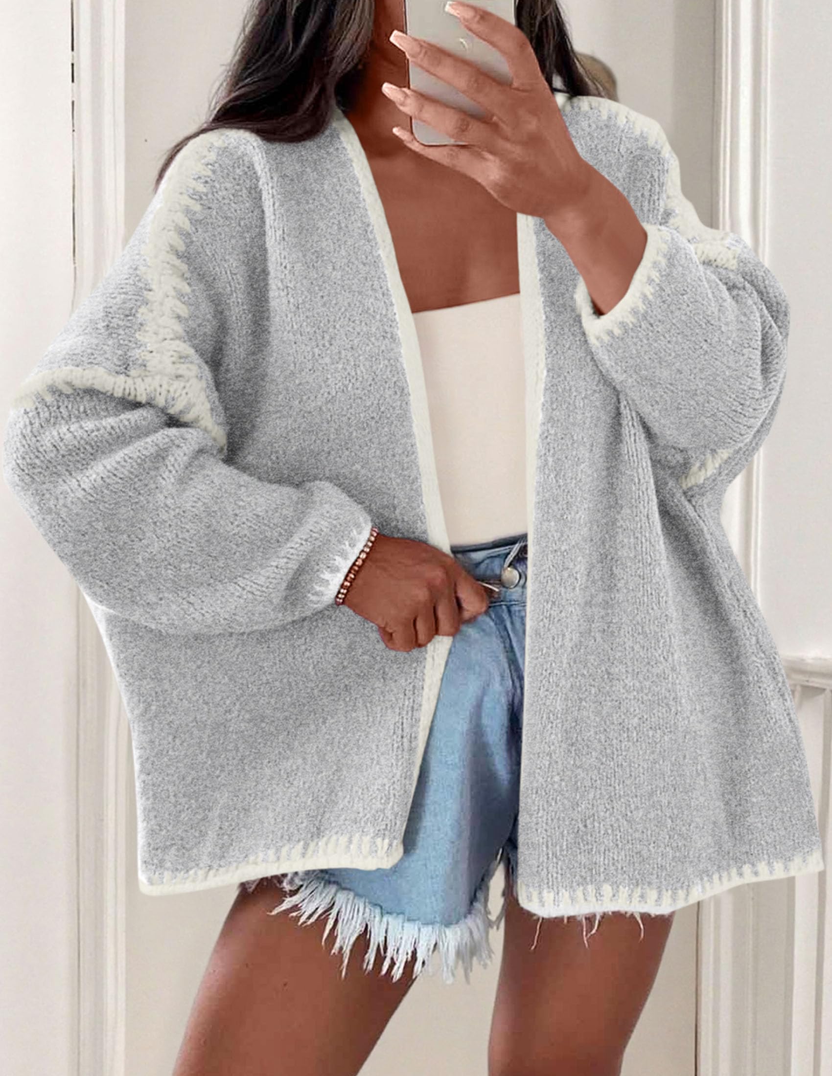 Womens Oversized Cardigan Sweaters 2026 Fall Long Lantern Sleeve Knit Open Front Lightweight Sweater (Style2-Grey,Small)