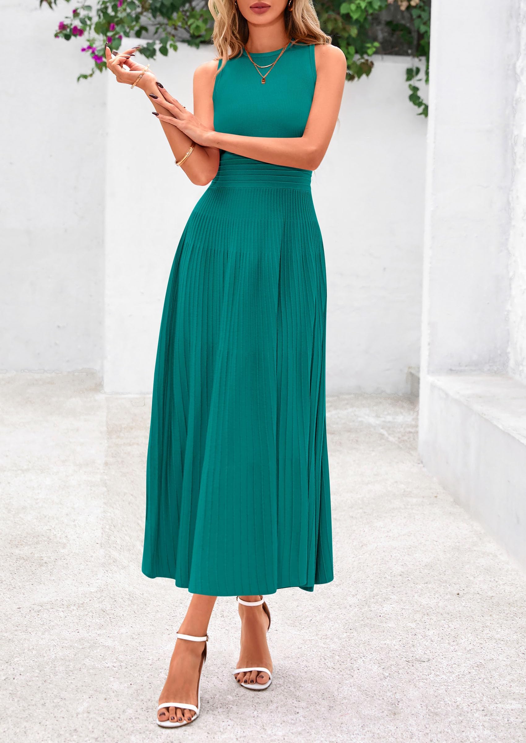 Women's Summer Pleated Midi Work Dress,Blue Green,S