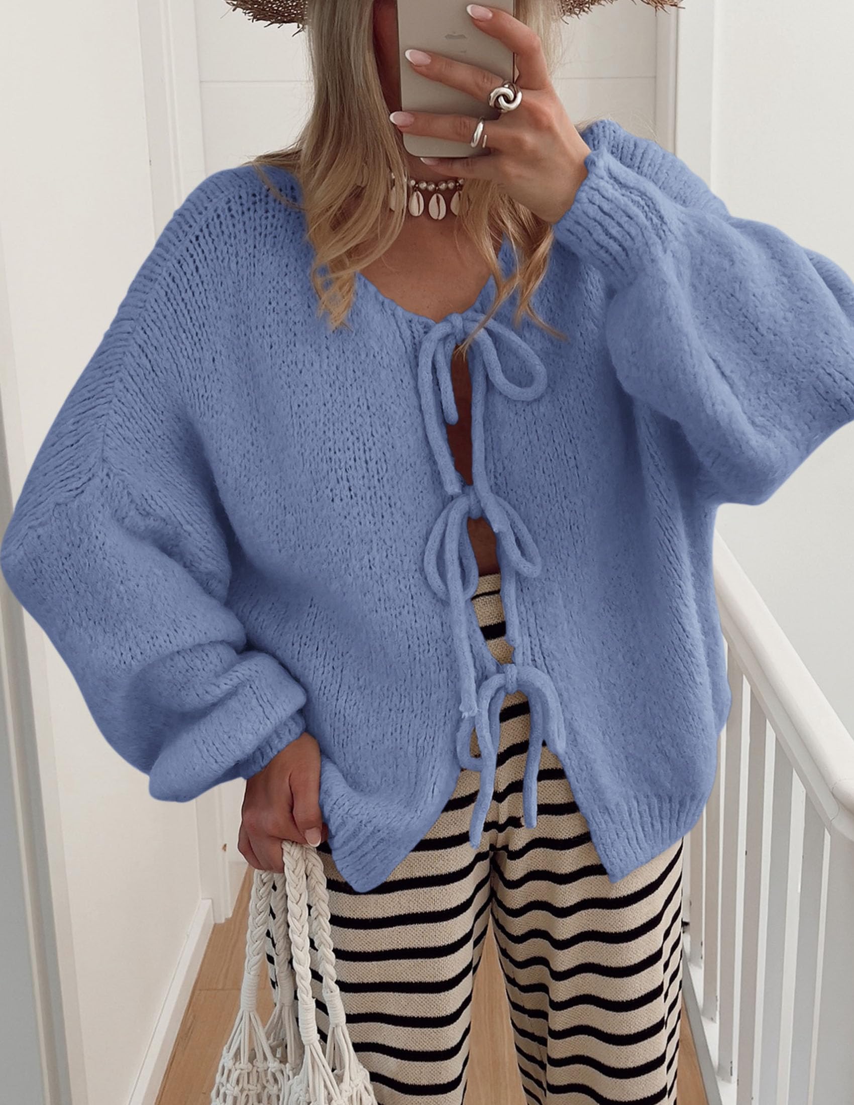 Women's Tie Front Bow Cardigan Sweaters(Mist Blue,Small)