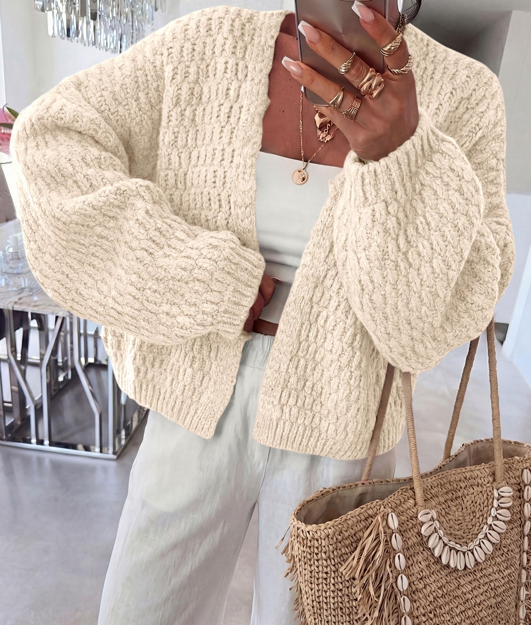 Women's Fall Cardigan Open Front Chunky Sweaters Beige S