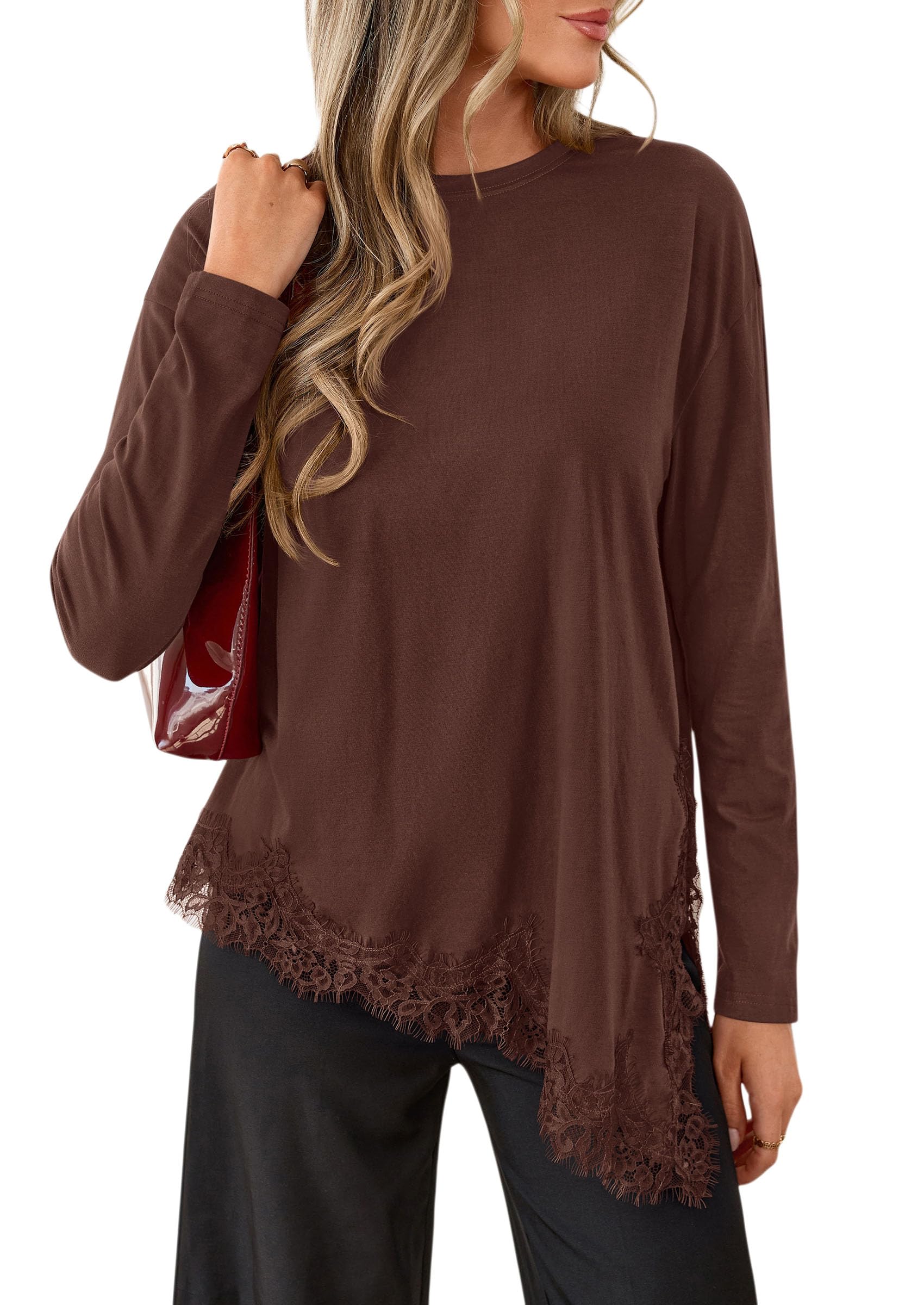 Women's Long Sleeve Asymmetrical Lace Tops Oversized Tshirts