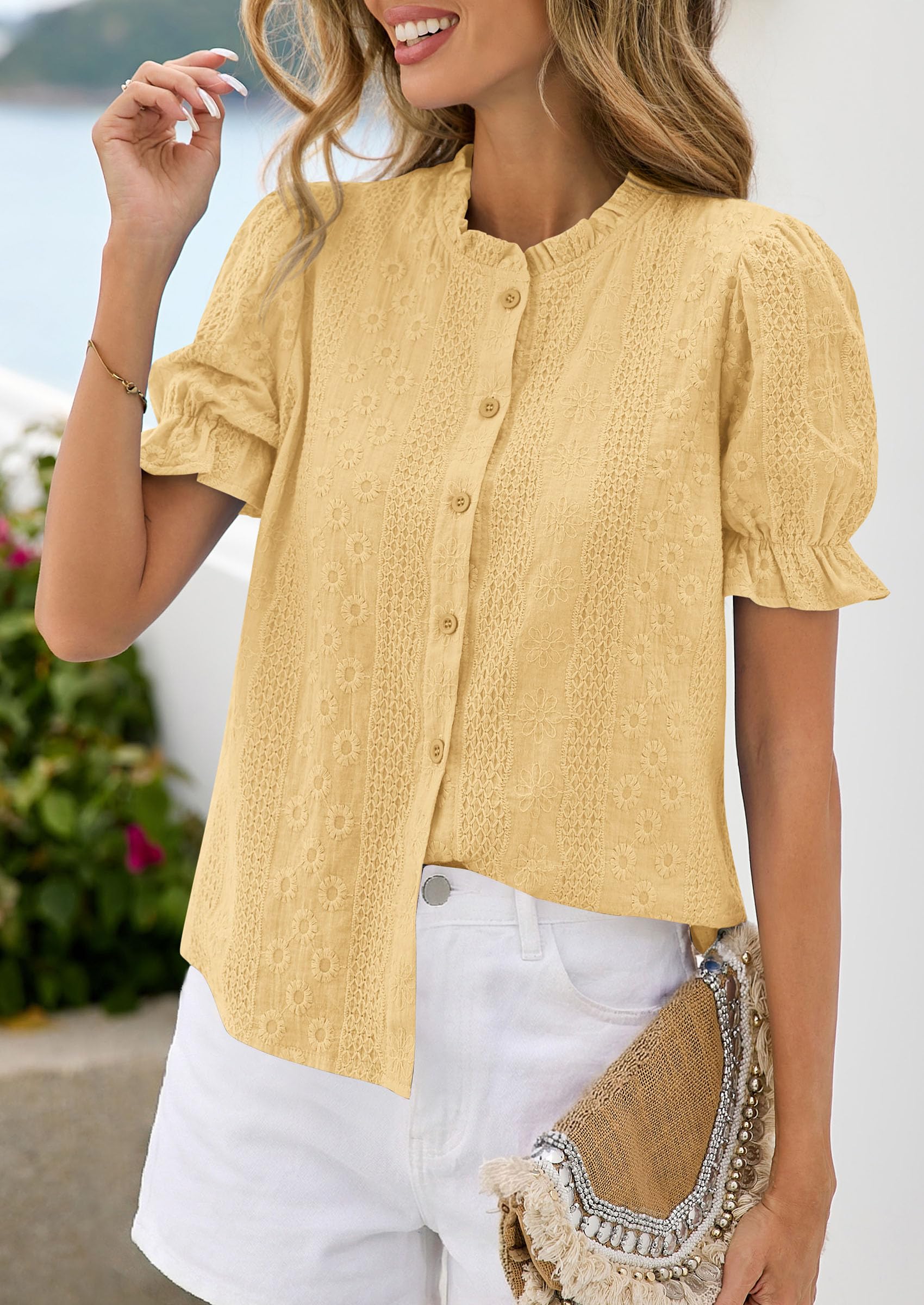 Womens Embroidered Puff Short Sleeve Tops,Yellow,S