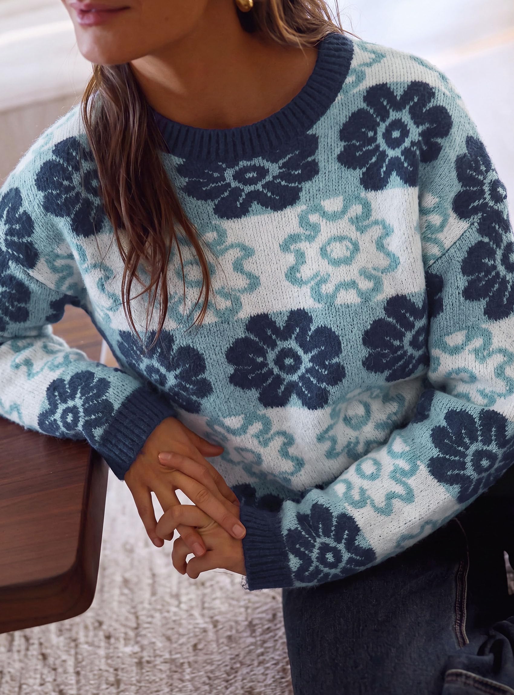Women's Floral Crewneck Sweater Knit Pullover,Blue,S