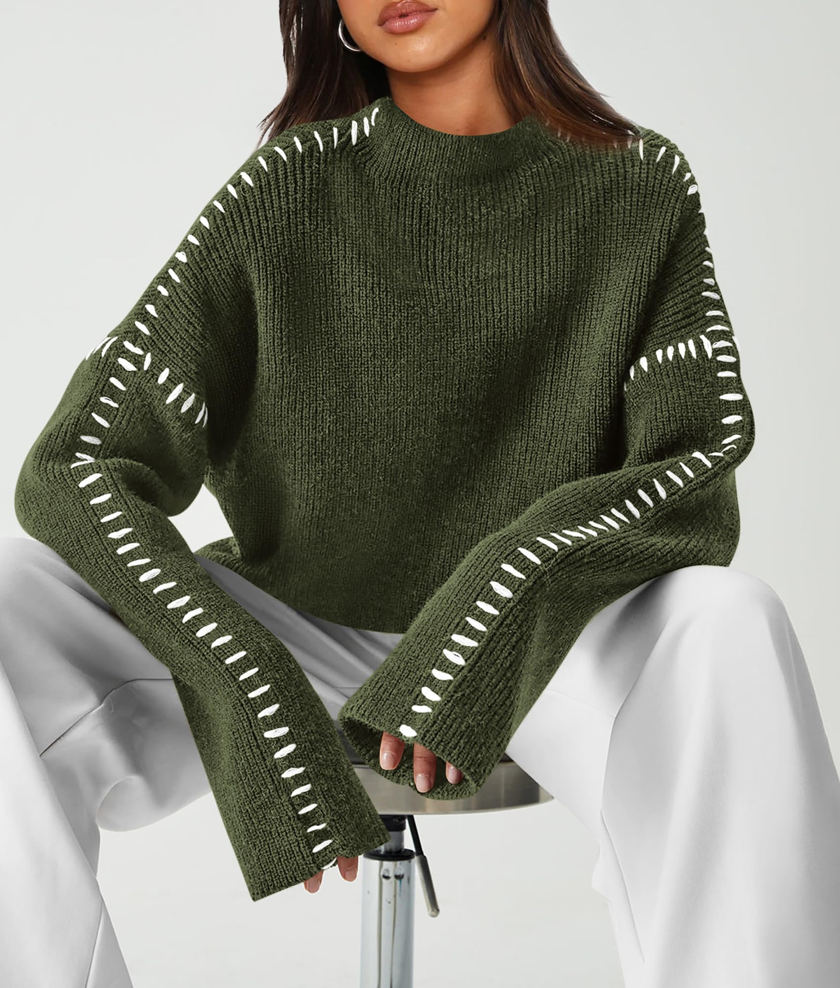 Womens Chunky Knit Oversized Pullover Sweaters,Army Green,S