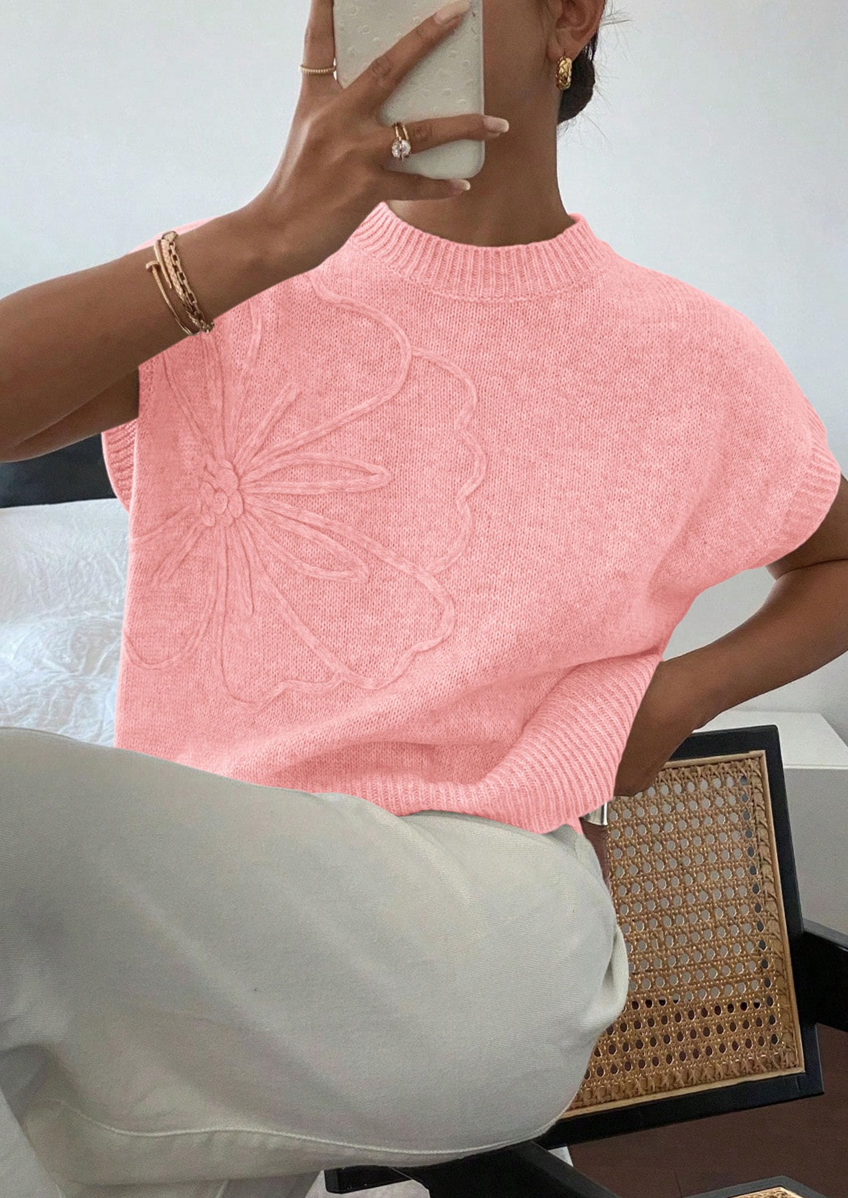 Women's Summer Short Cap Sleeve Sweater Vest (Pink,S)