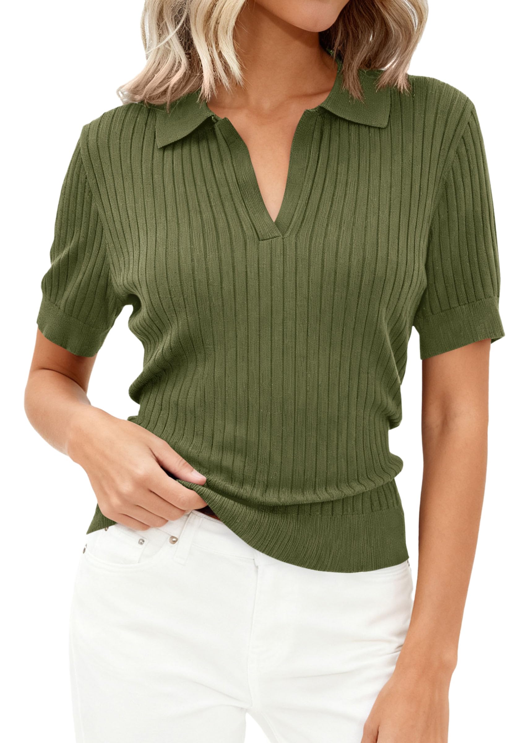 Women's Short Sleeve Sweater Polo Shirts,Army Green,XS
