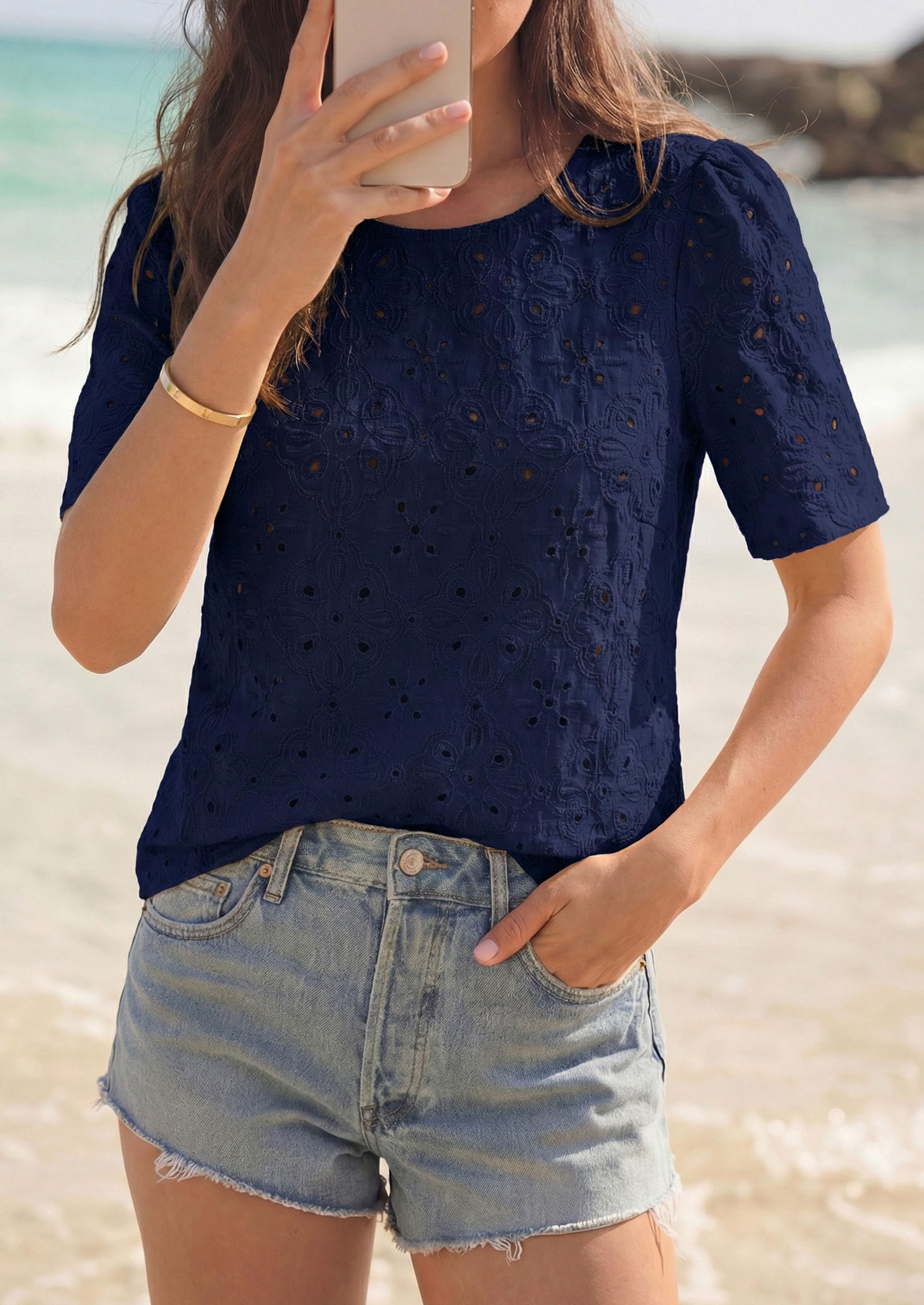 Women's Embroidered Eyelet Short Sleeve Blouse, Navy Blue,XS