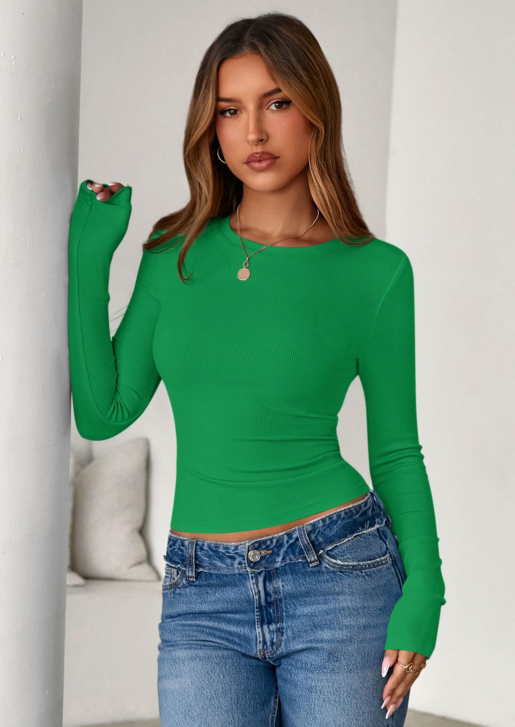 Women's Fall Long Sleeve Shirts Basic Tees (Green,XS)
