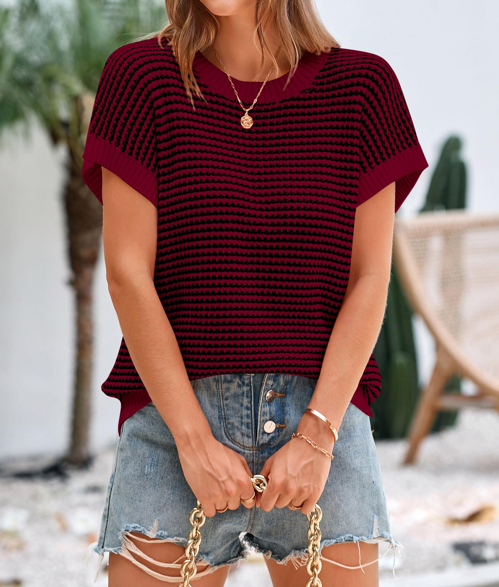 Women's Striped Short Sleeve Sweater Vest Wine Red,S