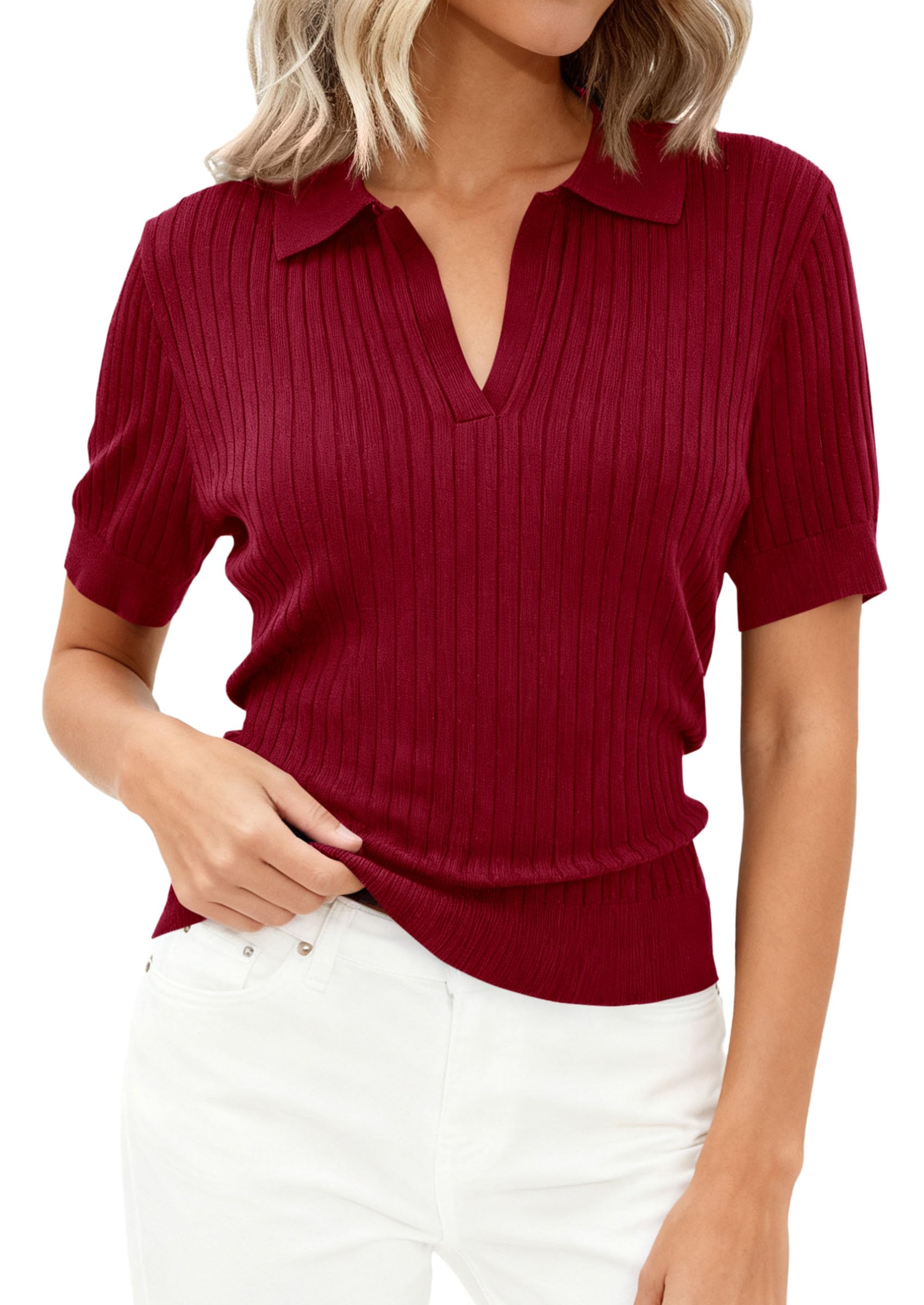 Women's Short Sleeve Sweater Polo Shirts,Burgundy,XS