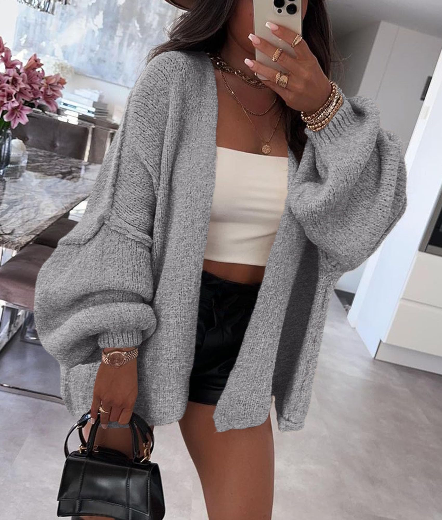 Womens Open Front Oversized Cardigan Sweaters,Grey,XS