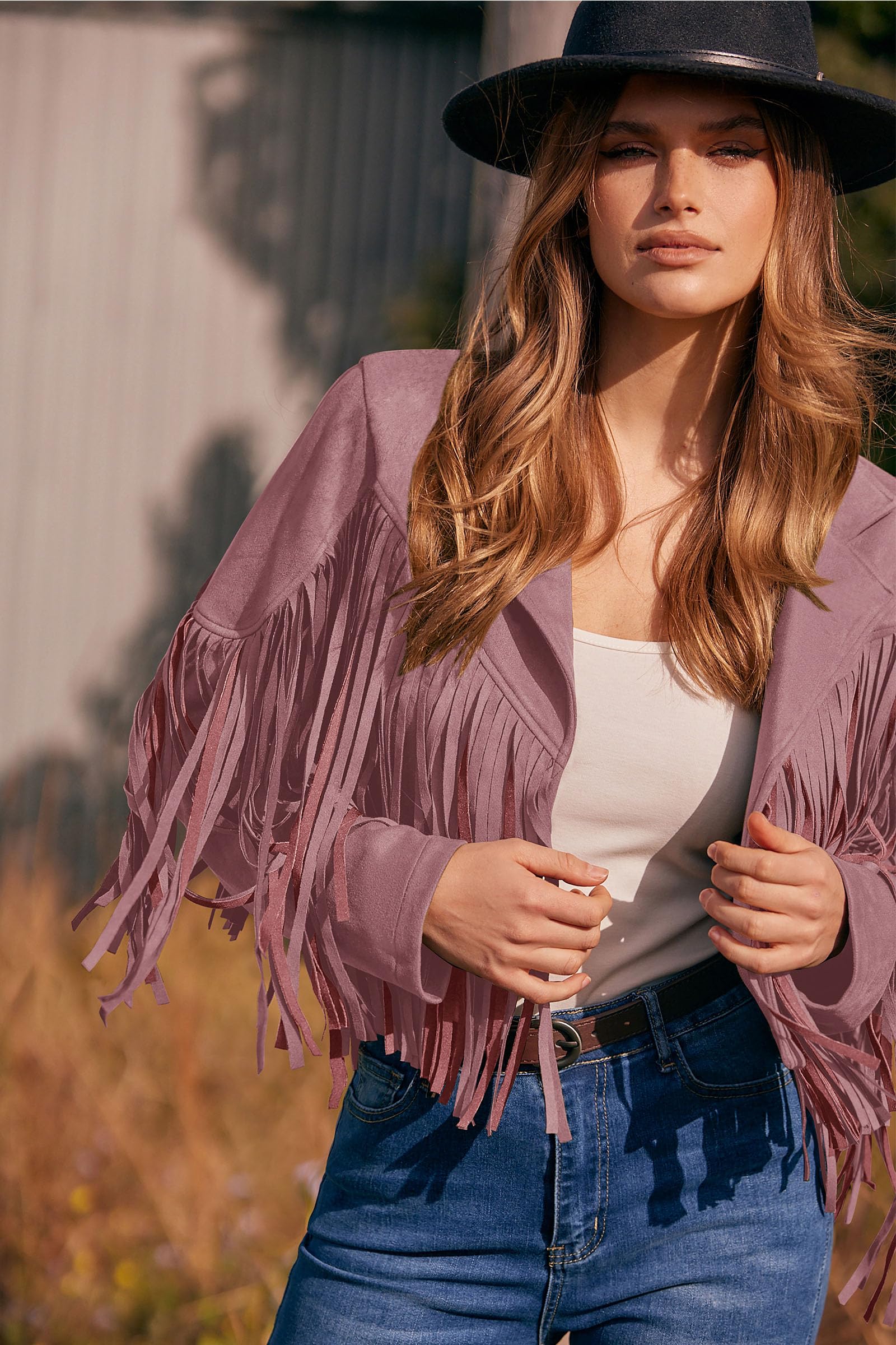 Women's Fringe Faux Suede Leather Jackets Fall Fashion 2025 Tassel Motorcycle Cropped Coats (Dark Pink,Small)