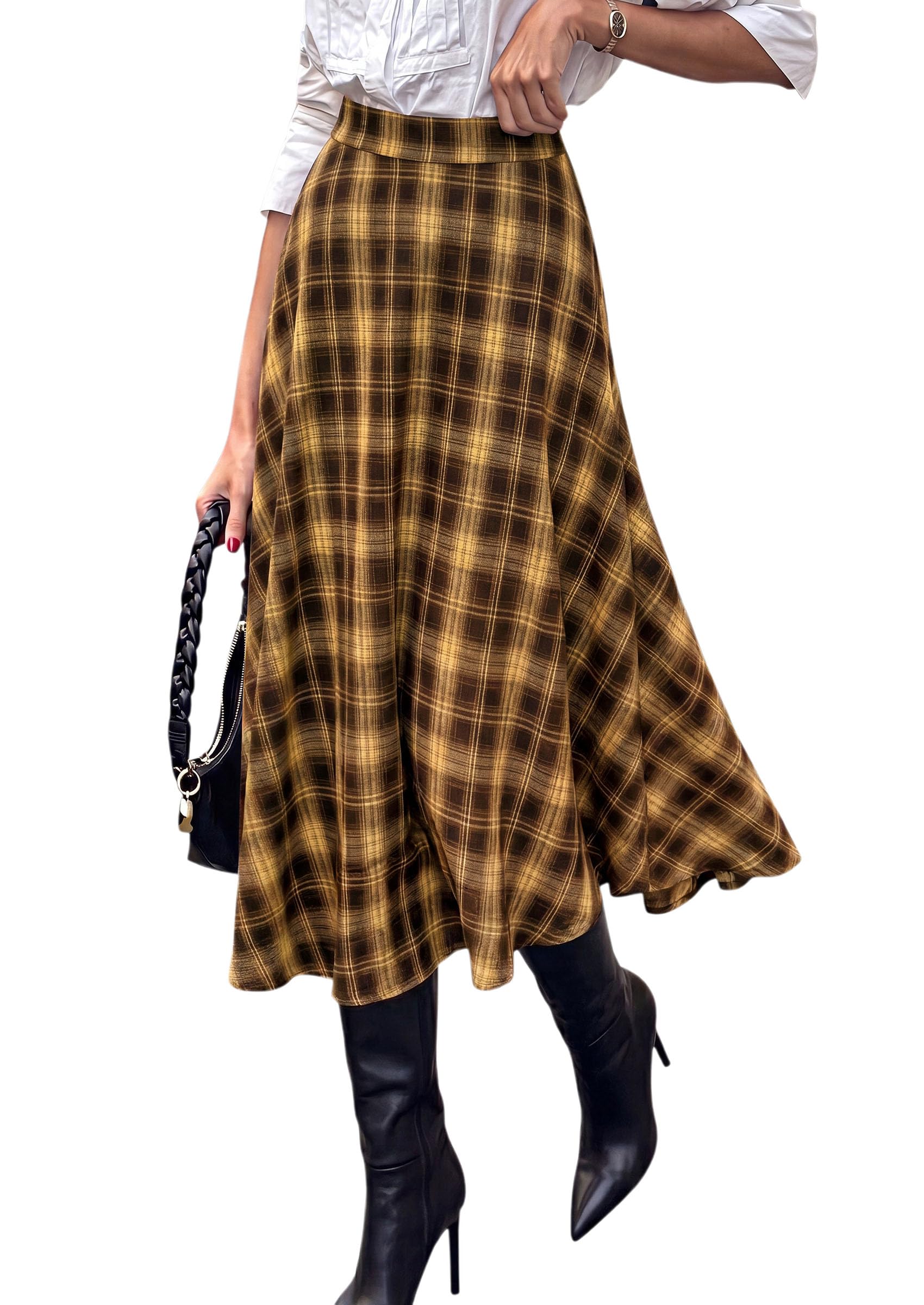 Women's Plaid High Waisted A-Line Midi Skirts,Brown Yellow,S