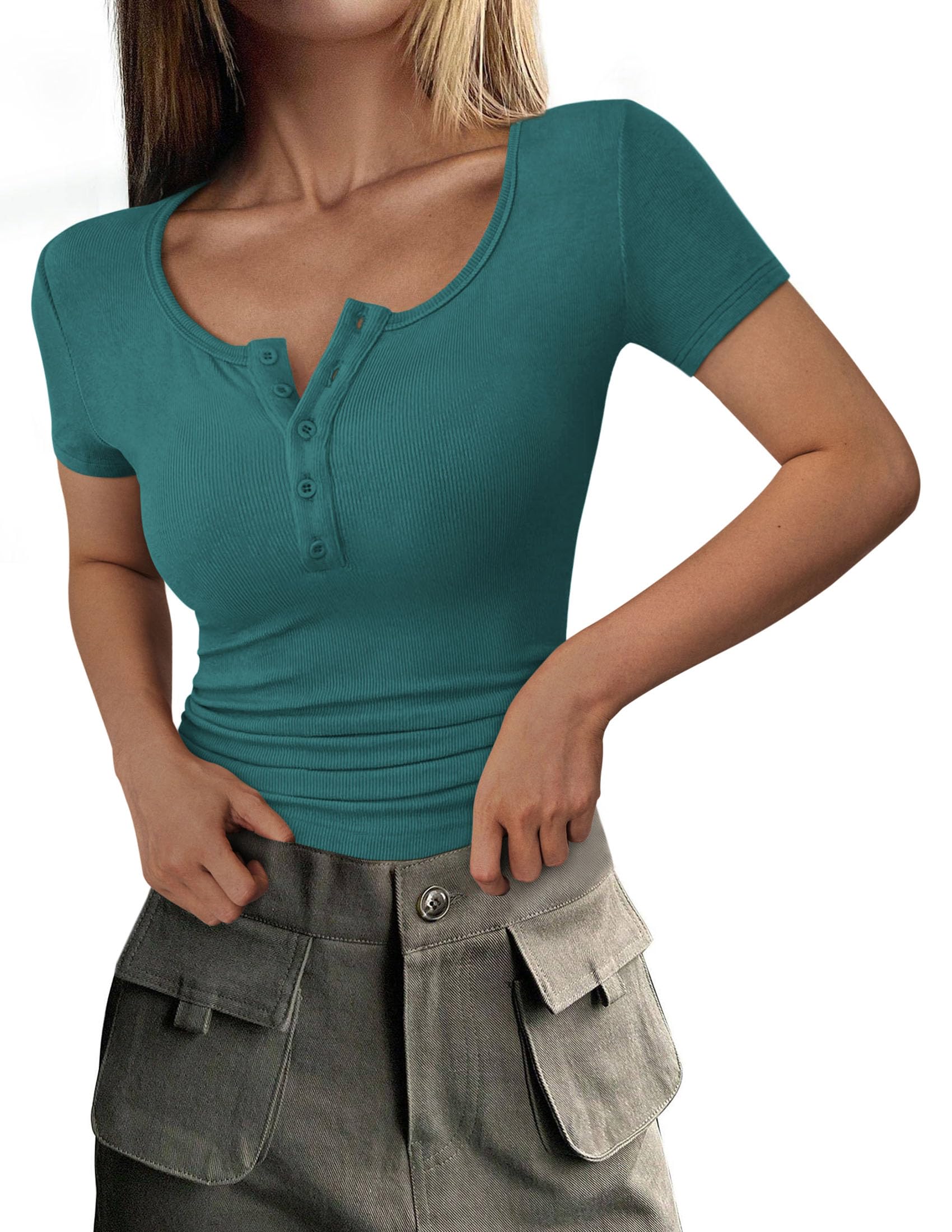 Women's Summer Tops Henley Tee Shirts (Lake Blue,X-Small)
