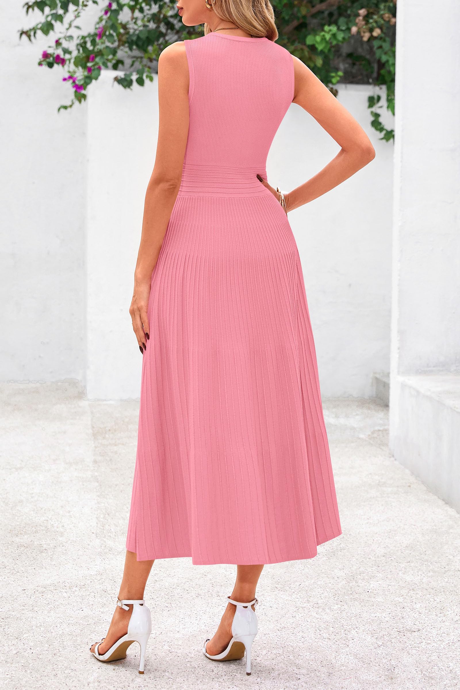 Spring Casual Dresses for Women 2025 Summer Business Work Midi Sleeveless A Line Pleated Cocktail Dress(Pink,Small)