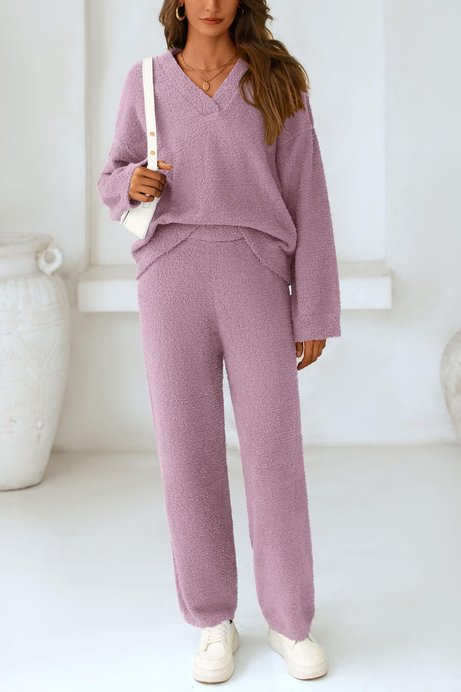 Lounge Sets for Women Fall 2 Piece Fuzzy Sweater Pajama Set