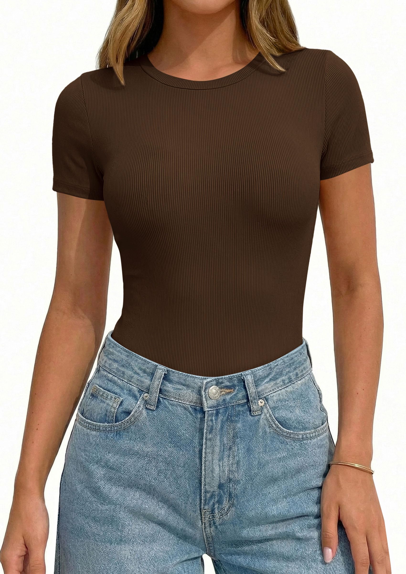 Body Suits for Womens Short Sleeve Summer Tops, Brown,XS