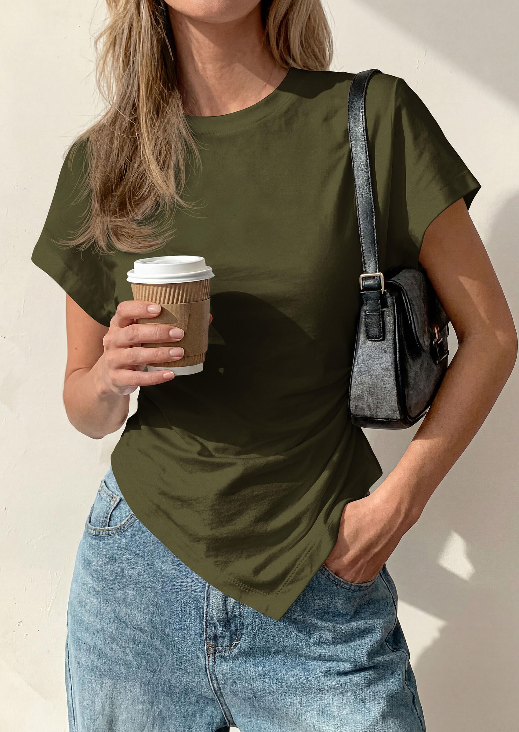 Womens Asymmetrical Summer Short Sleeve Tops,Army Green,XS