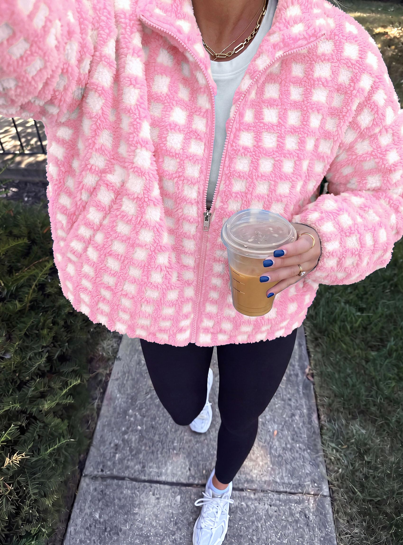 Women's Gingham Sherpa Fleece Jacket Plaid Cropped Teddy Coat