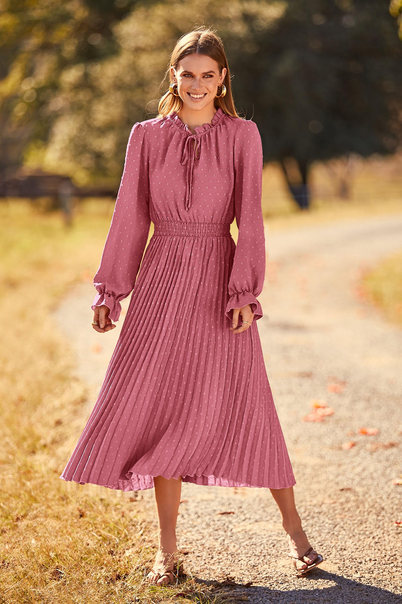 Midi Dress for Women Spring Fall 2025 Long Sleeve V Neck Pom Pom Swing A Line Long Dresses (Pink,Small)