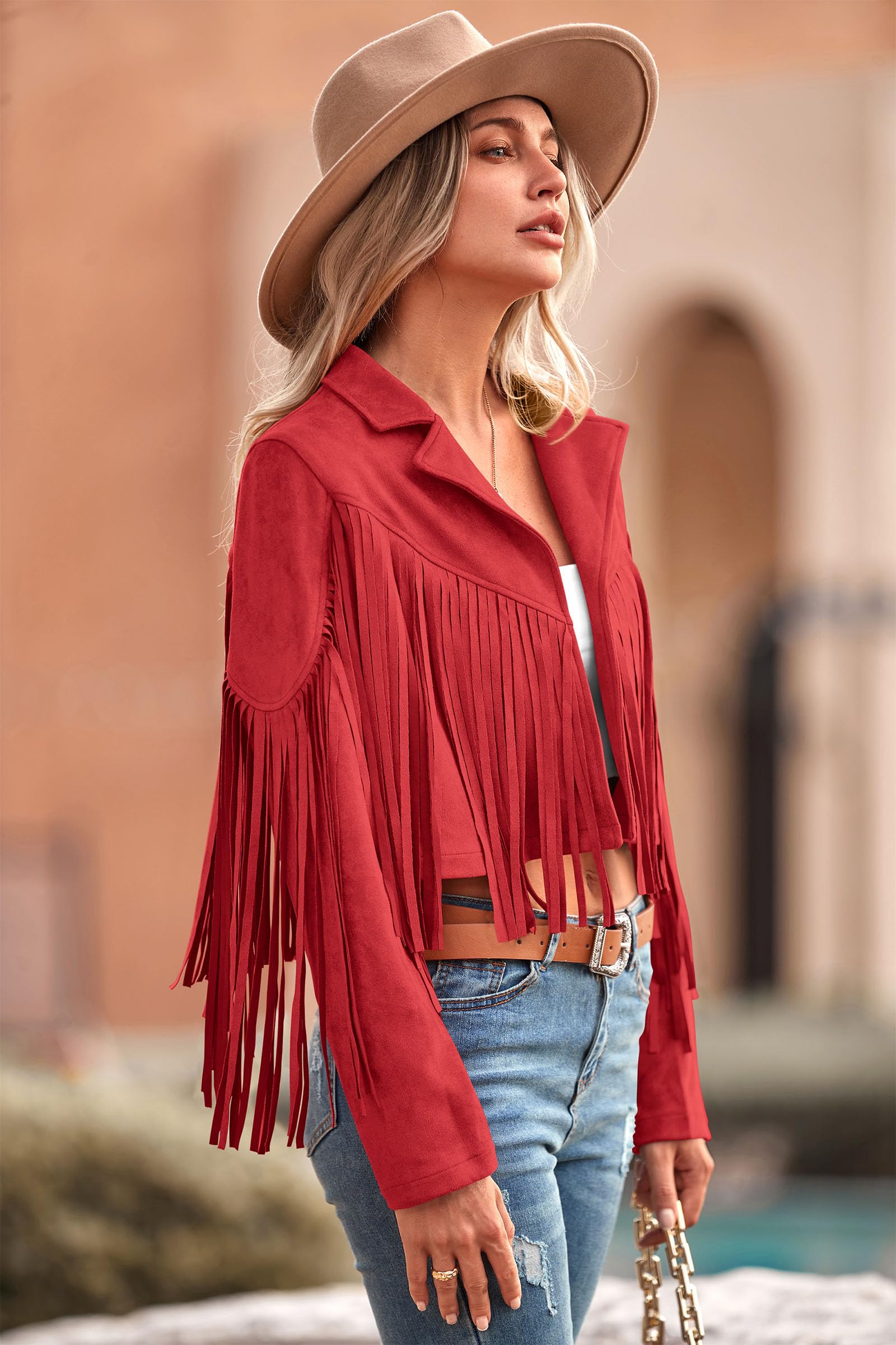 Women's Fringe Faux Suede Leather Jackets,Red,M