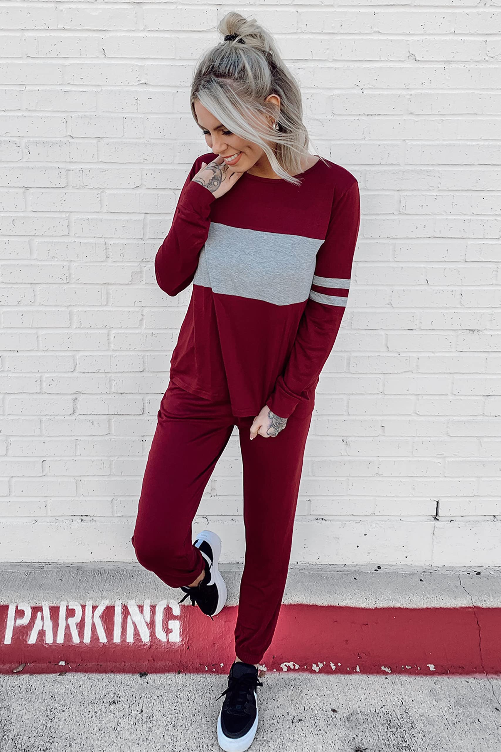 Women Color Block 2 Piece Sets Tracksuit,Wine Red,S