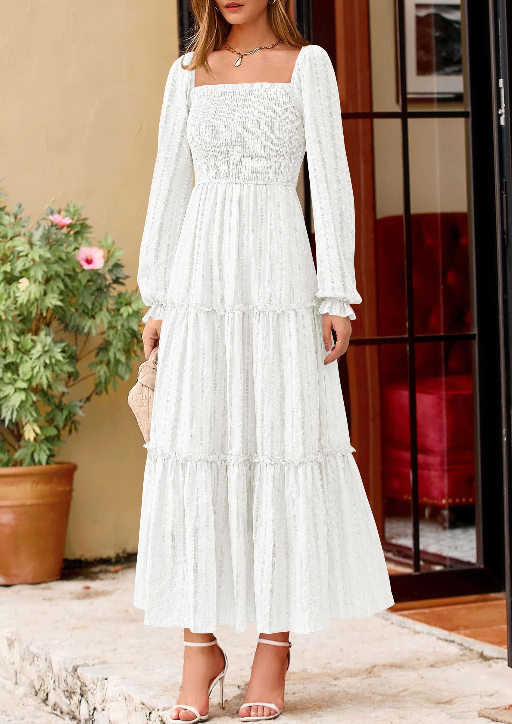 Women's Long Sleeve Ruffle Flowy Maxi Dress,White,S