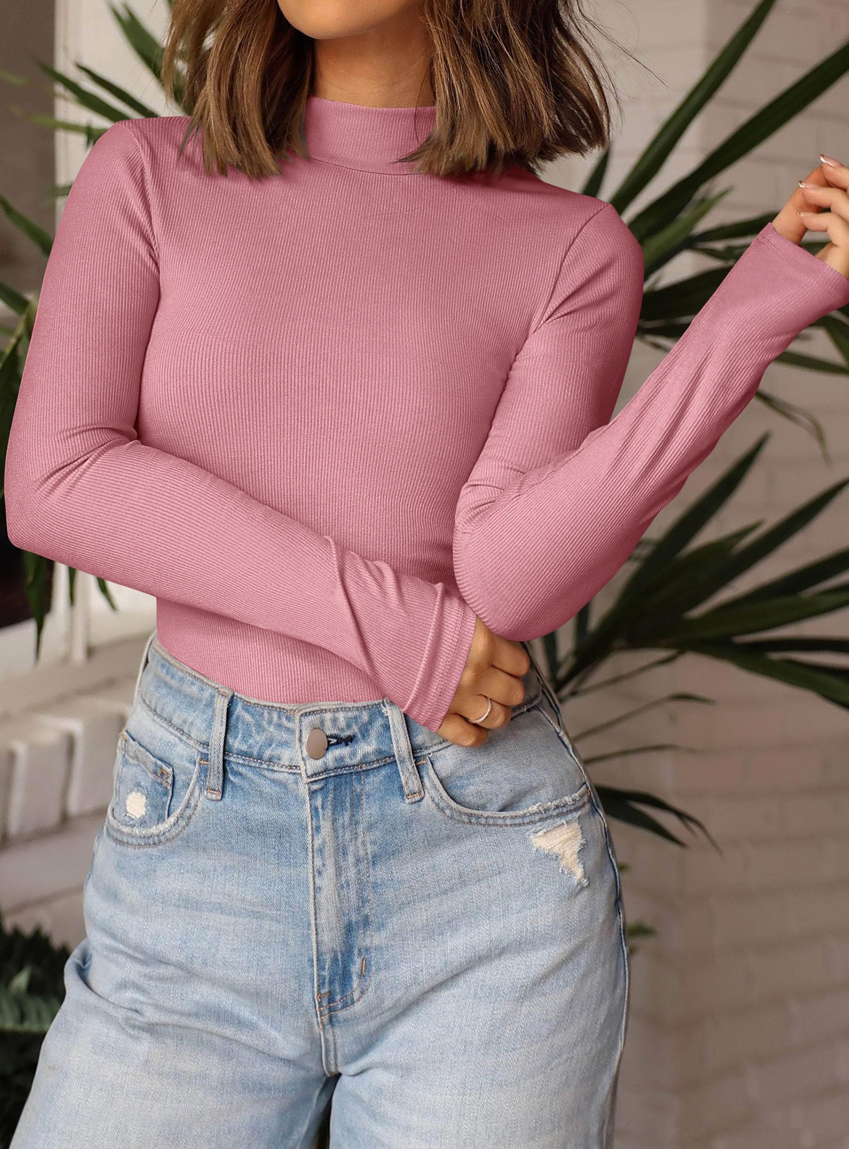 Womens Mock Turtleneck Fall Long Sleeve Shirts,Pink,XS