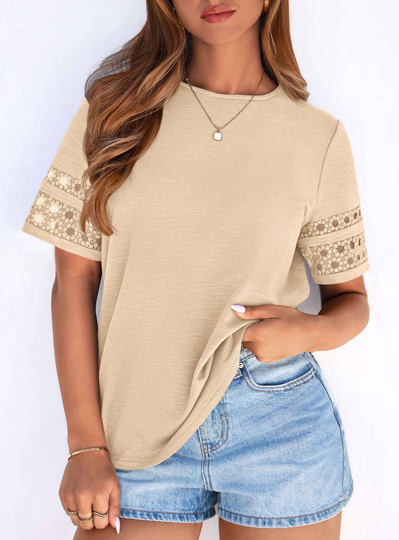 Women's Summer Short Sleeve Lace Trim T-Shirts,Beige,S
