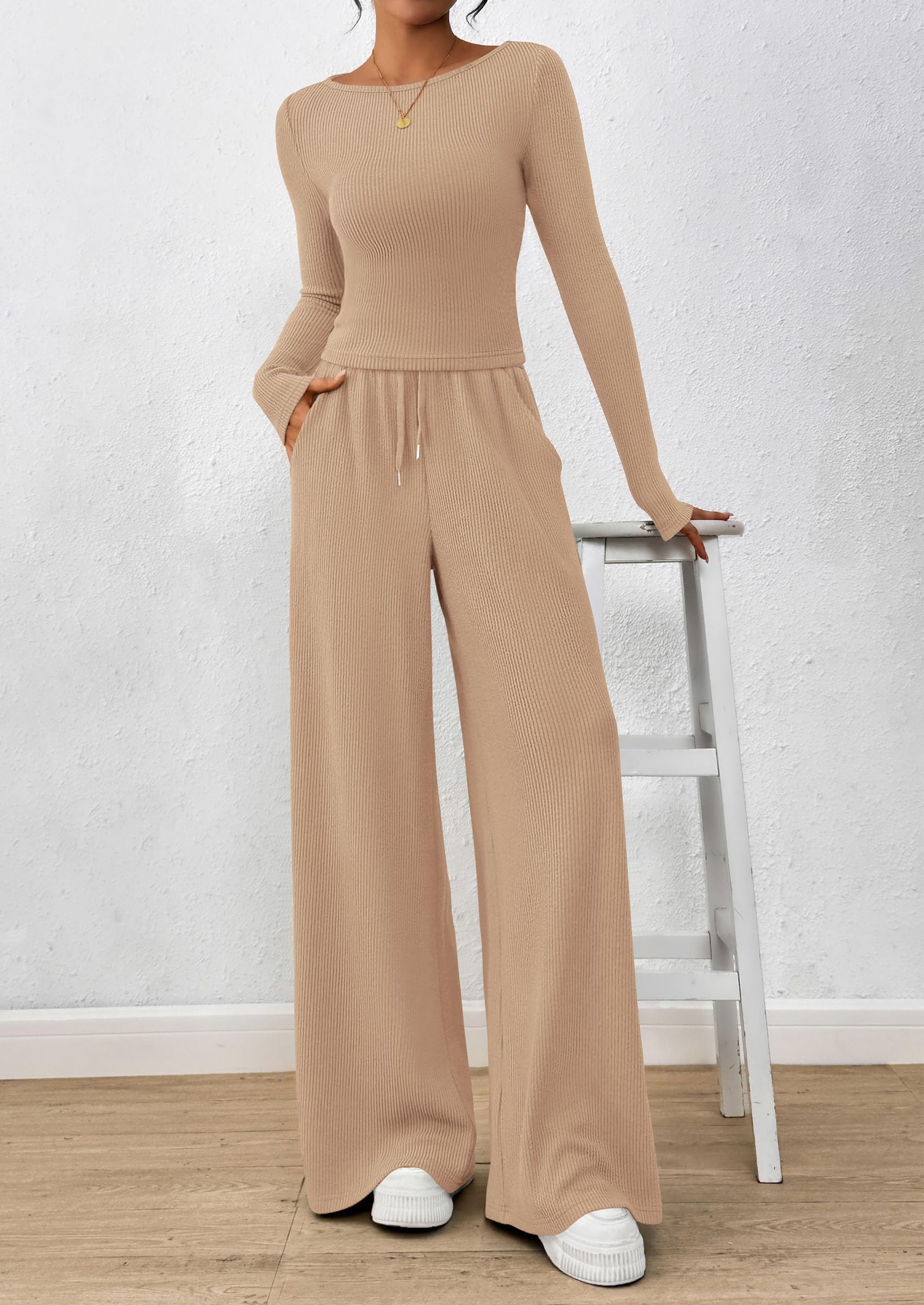 Matching Sets Women Clothing 2 Piece Lounge Set,Apricot,M