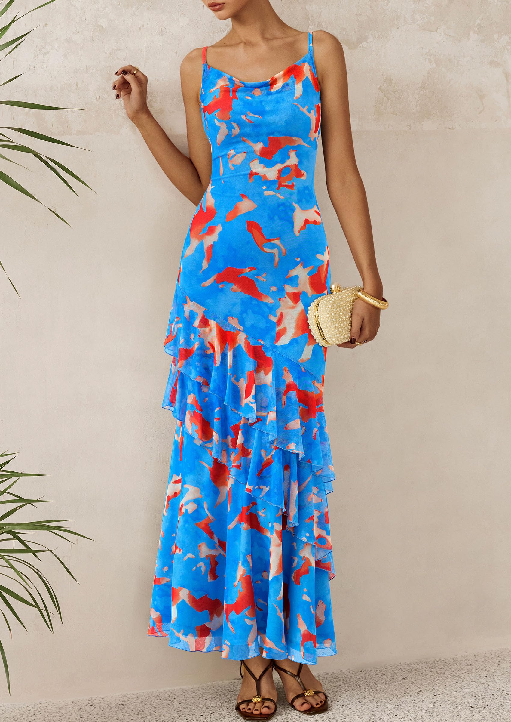 Women's Boho Floral Tiered Maxi Dress, Floral Light Blue,XS