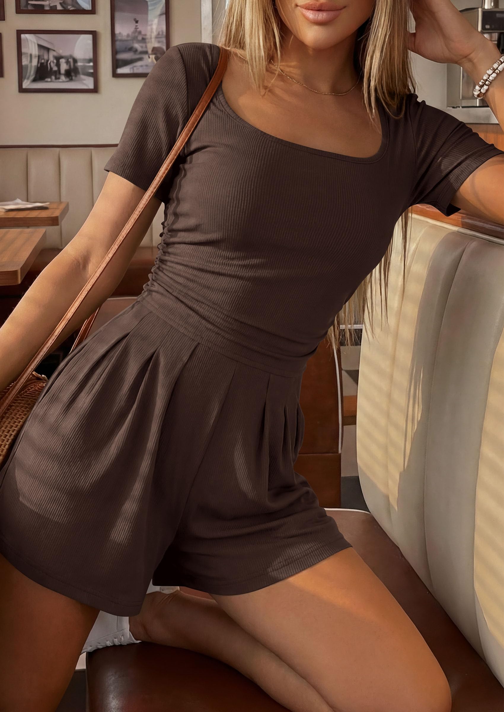 Womens One Piece Short Sleeve Rompers,Brown,S