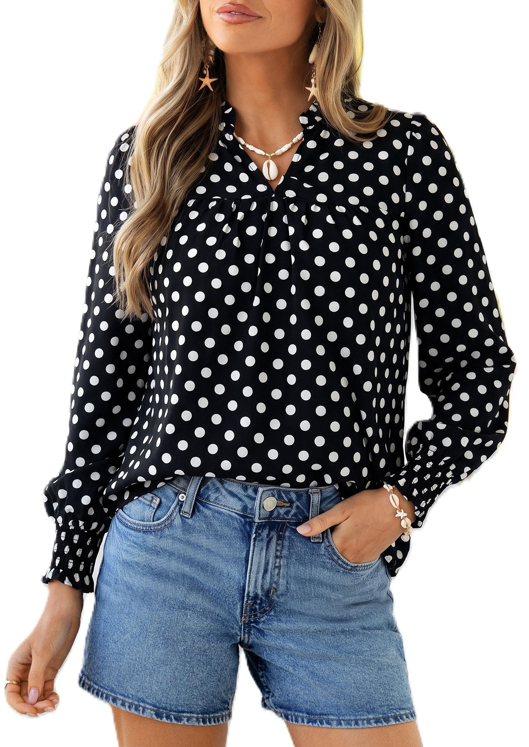 Women's Boho Floral Blouses Dressy Casual Polka Dot Black,S
