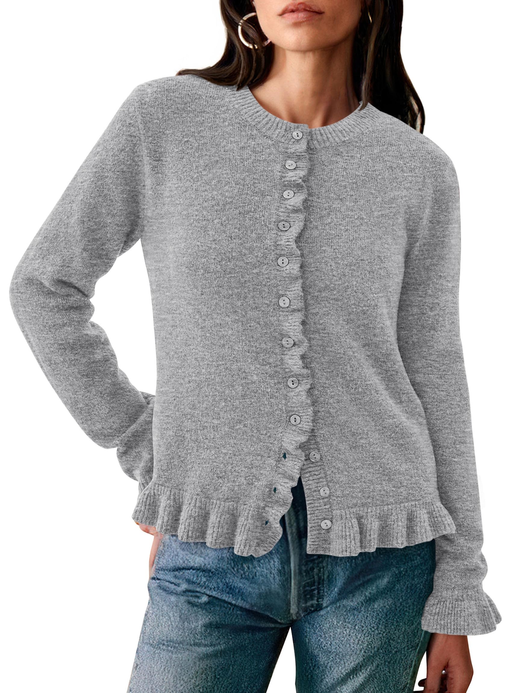 Womens Ruffle Button Down Cardigan Sweaters,Grey,S
