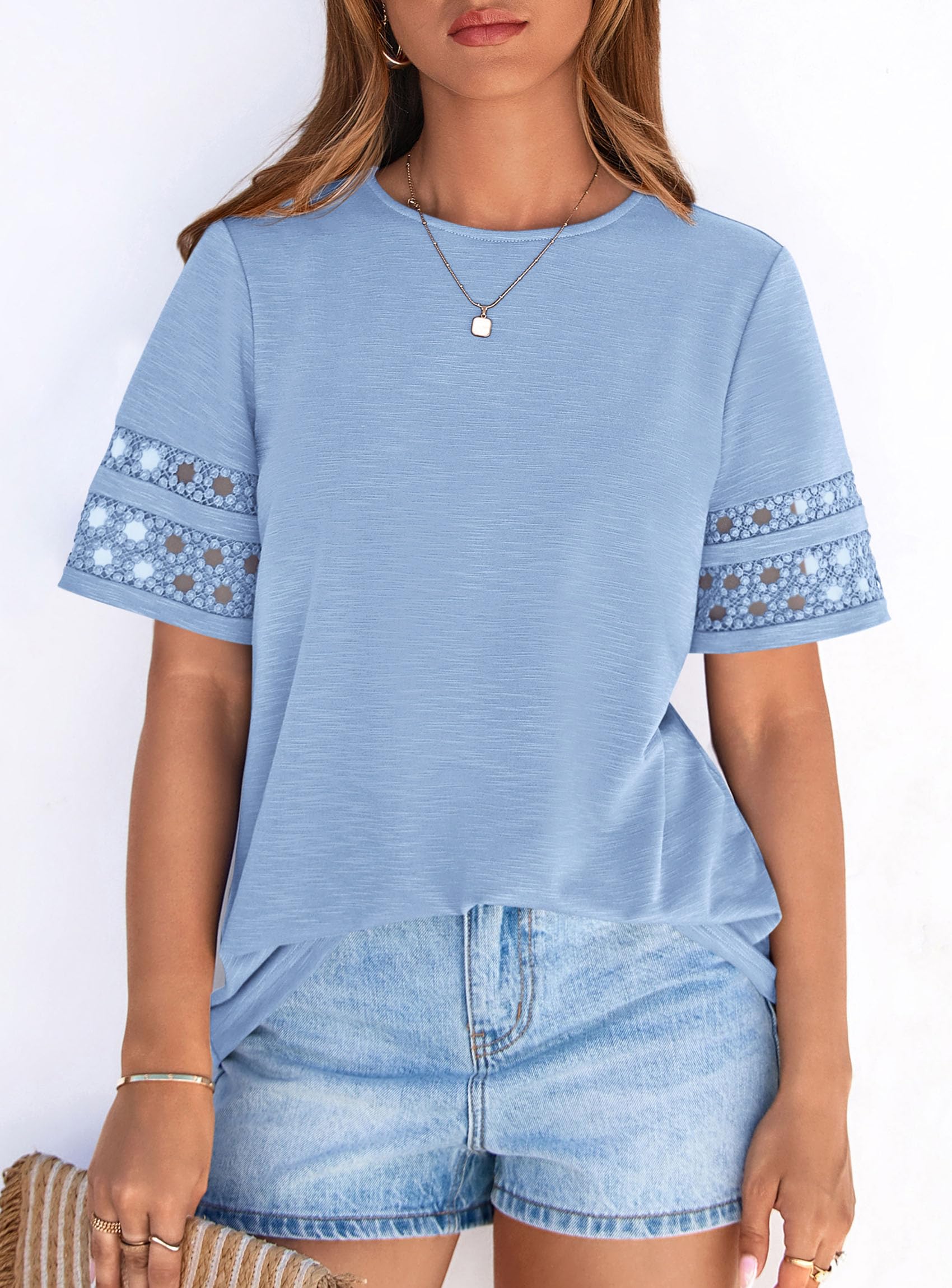 Women's Summer Short Sleeve Lace Trim T-Shirts,Light Blue,S