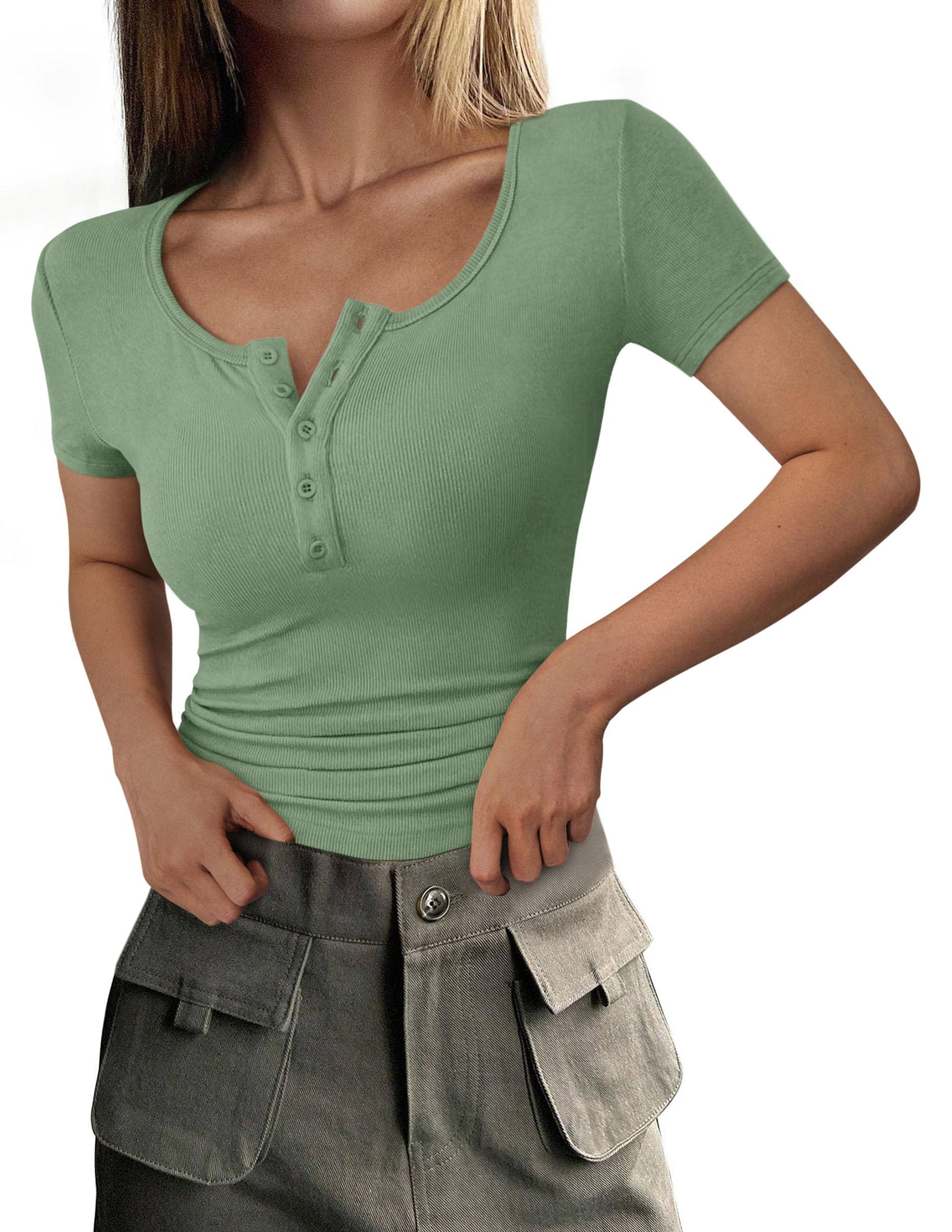 Women's Summer Tops Henley Tee Shirts (Fruit Green,X-Small)