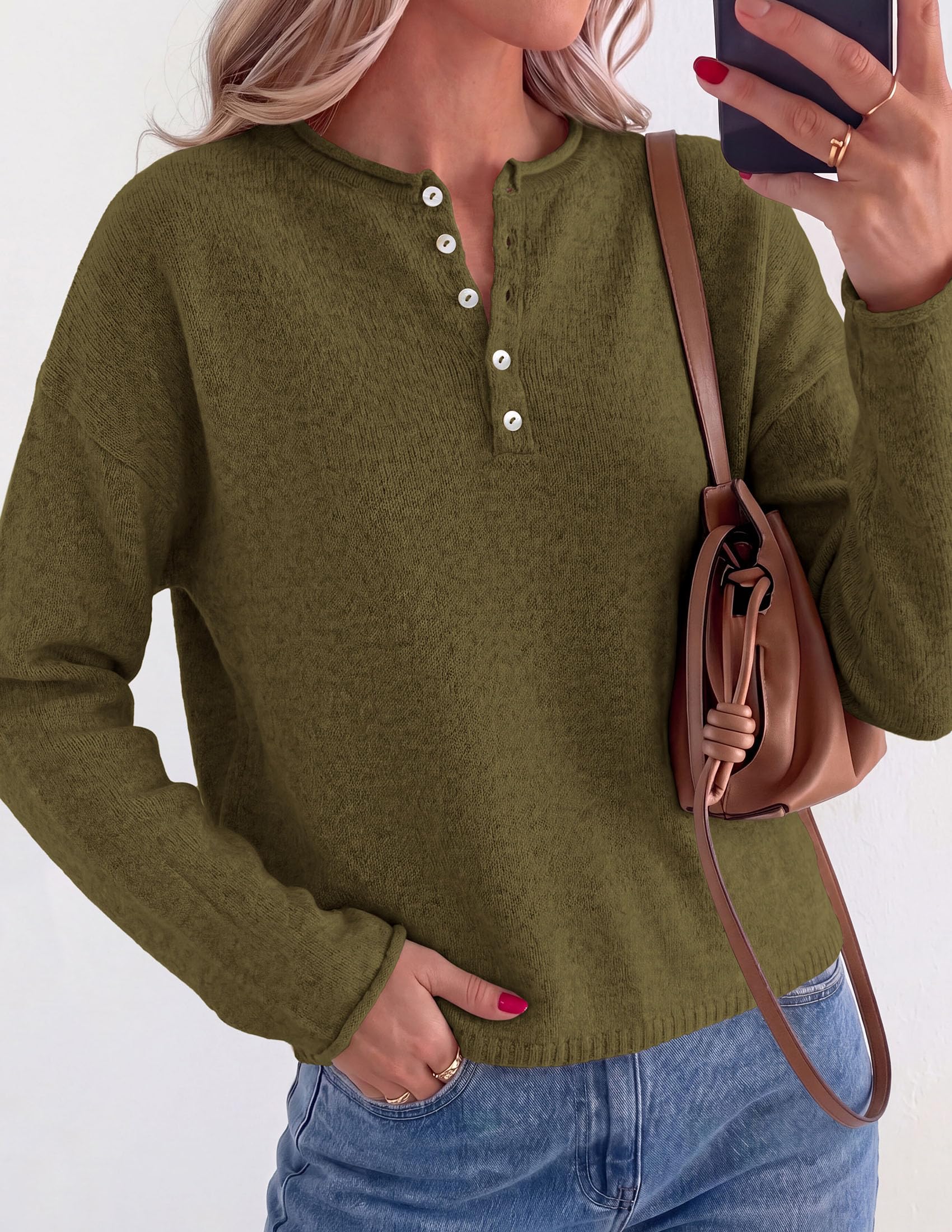Women's Henley Cozy Sweaters Button Up Pullover Army Green S