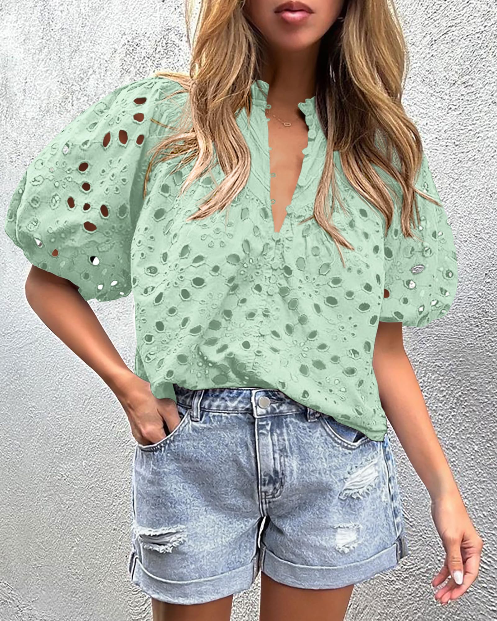 Womens Tops Boho Eyelet Puff Sleeve Blouse, Light Green,S