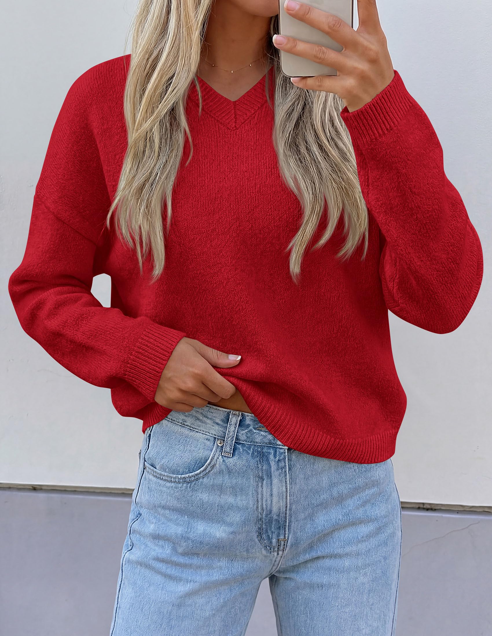 Women's Cozy Sweaters Fall Fashion V Neck Tops Red,S