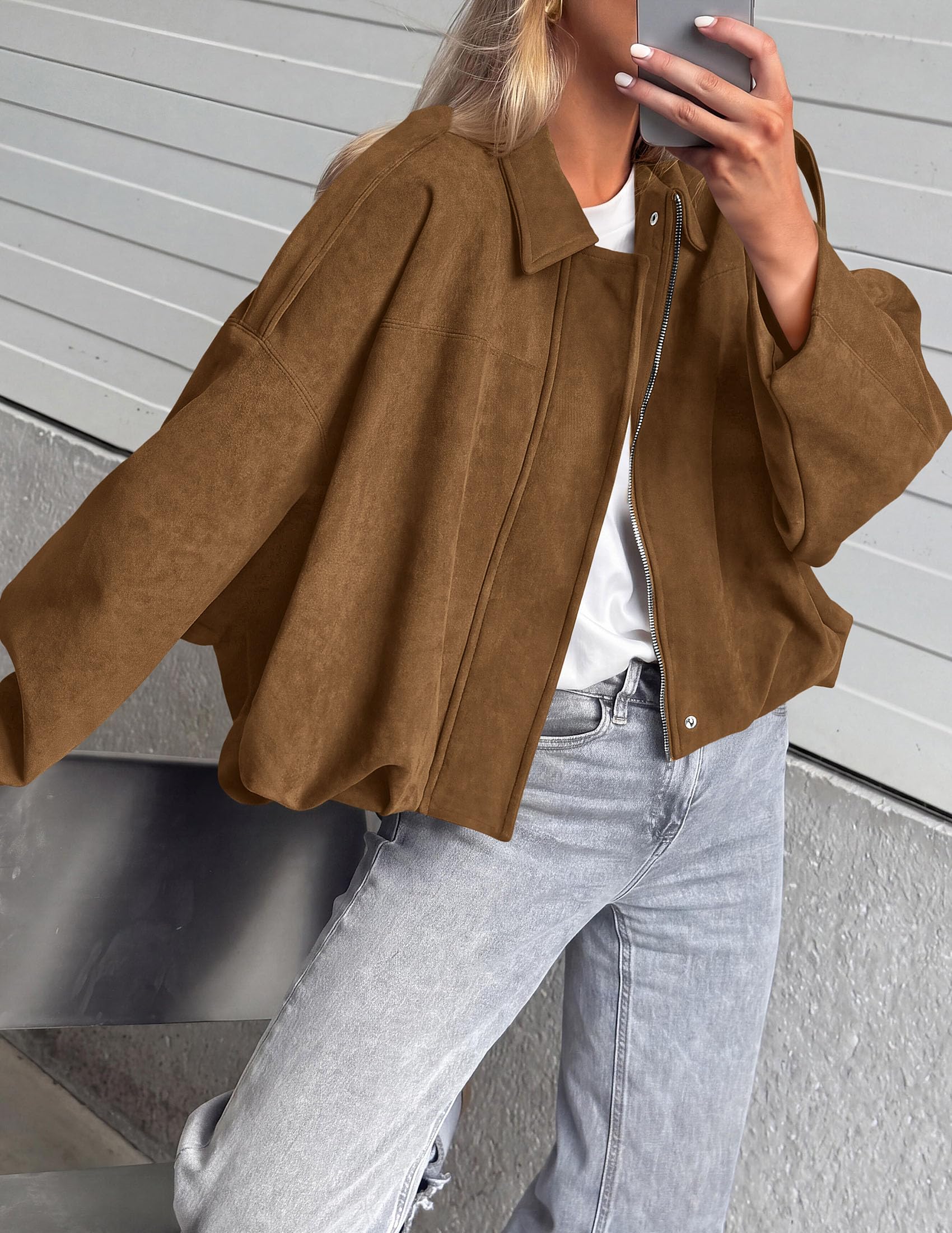 Faux Suede Jacket Women Fall Cropped Western Bomber Jacket